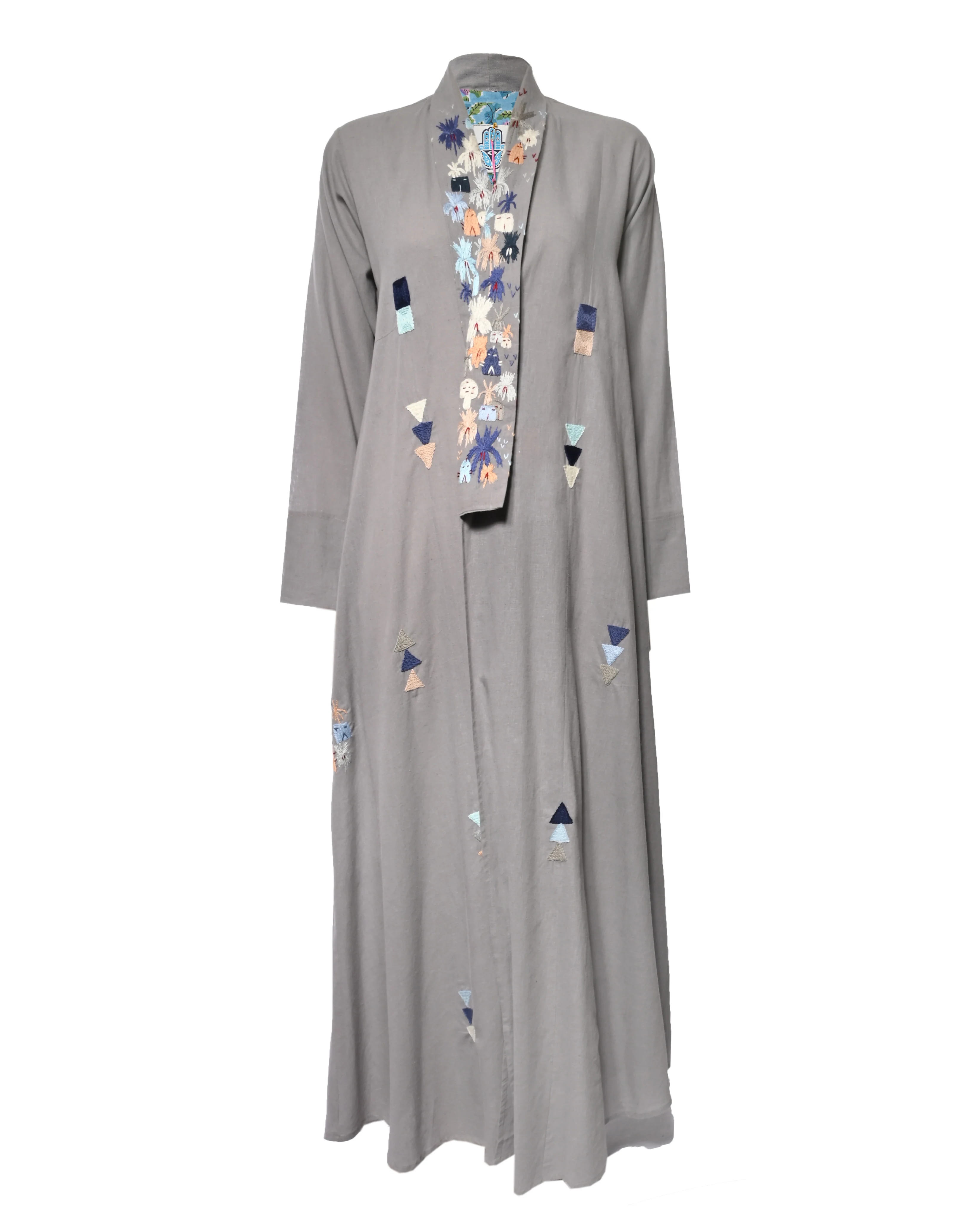 Grey Embroidered Cotton & Linen Abaya