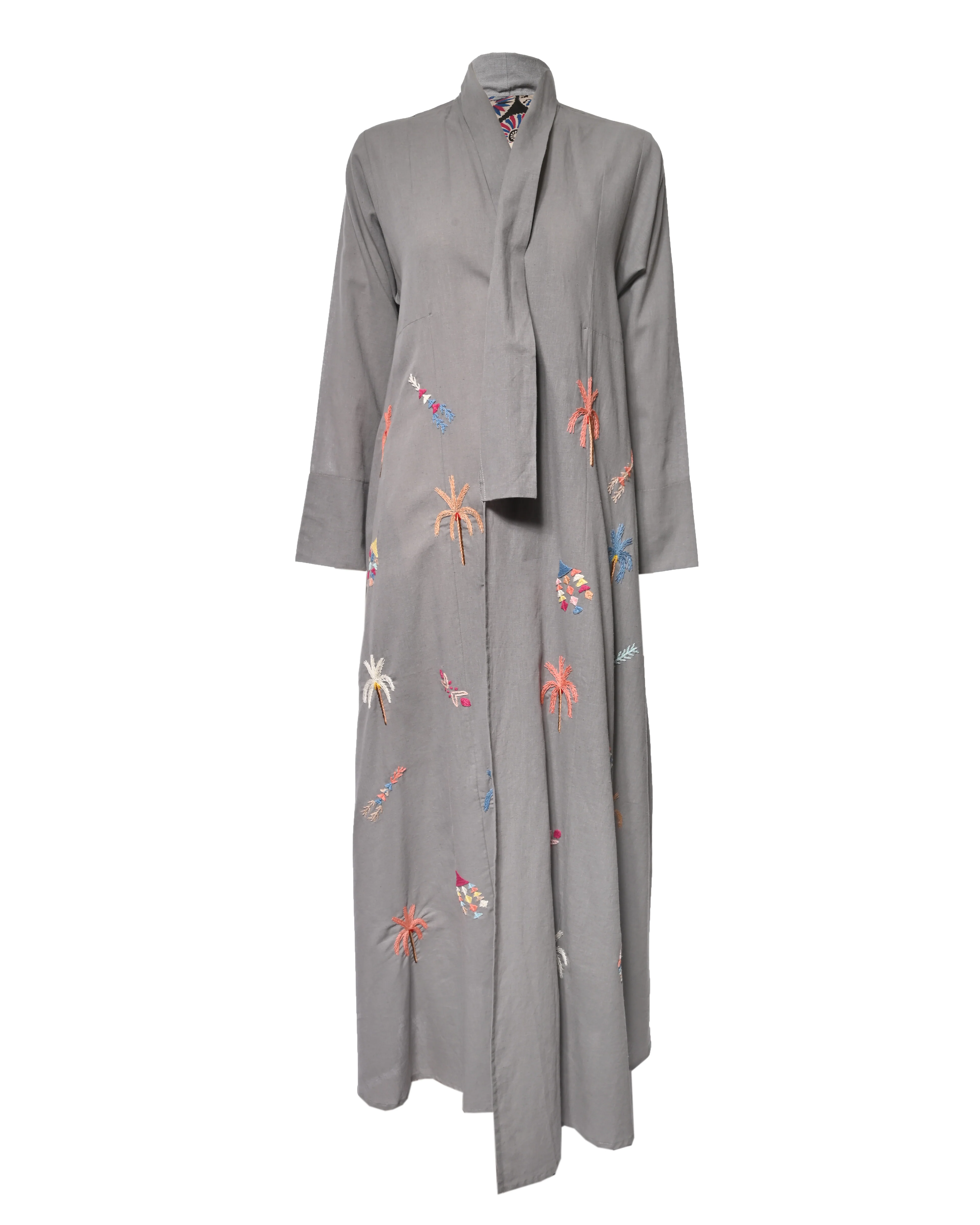 Grey Embroidered Cotton & Linen Abaya