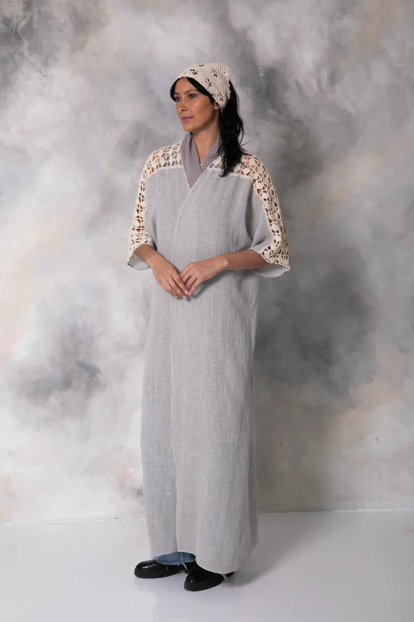 Grey Linen Abaya with Handmade Crochet