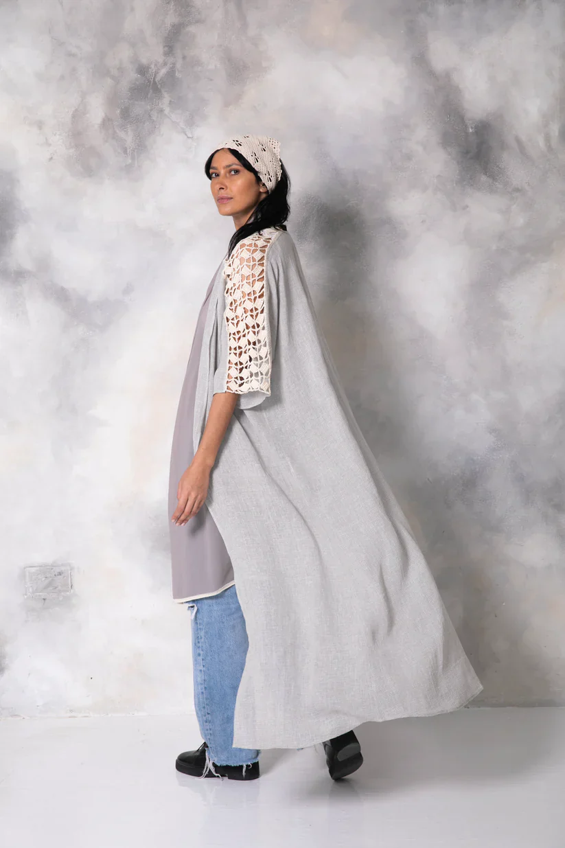 Grey Linen Abaya with Handmade Crochet - Image 2