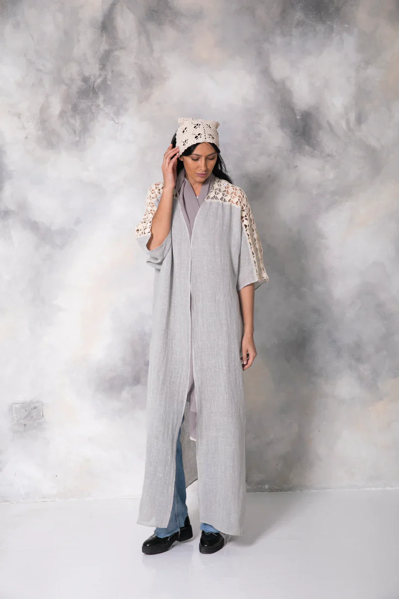 Grey Linen Abaya with Handmade Crochet - Image 3