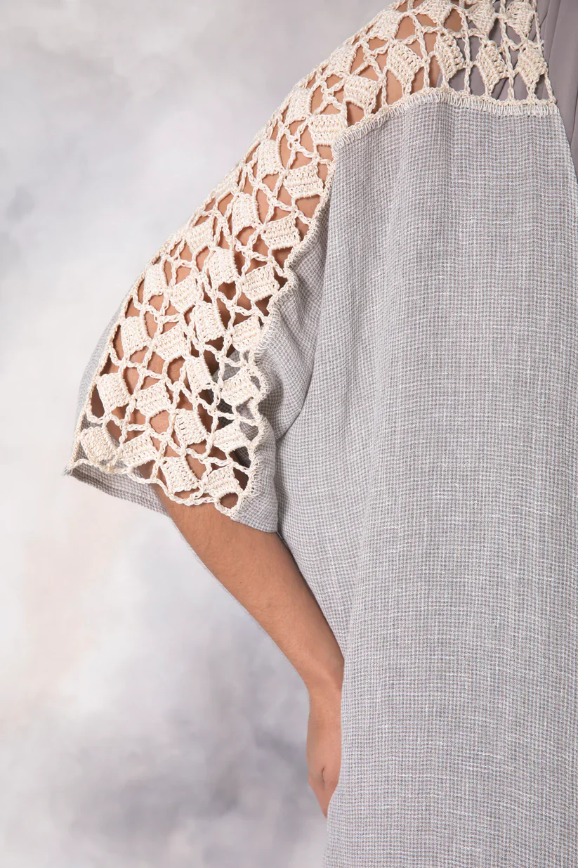 Grey Linen Abaya with Handmade Crochet - Image 6