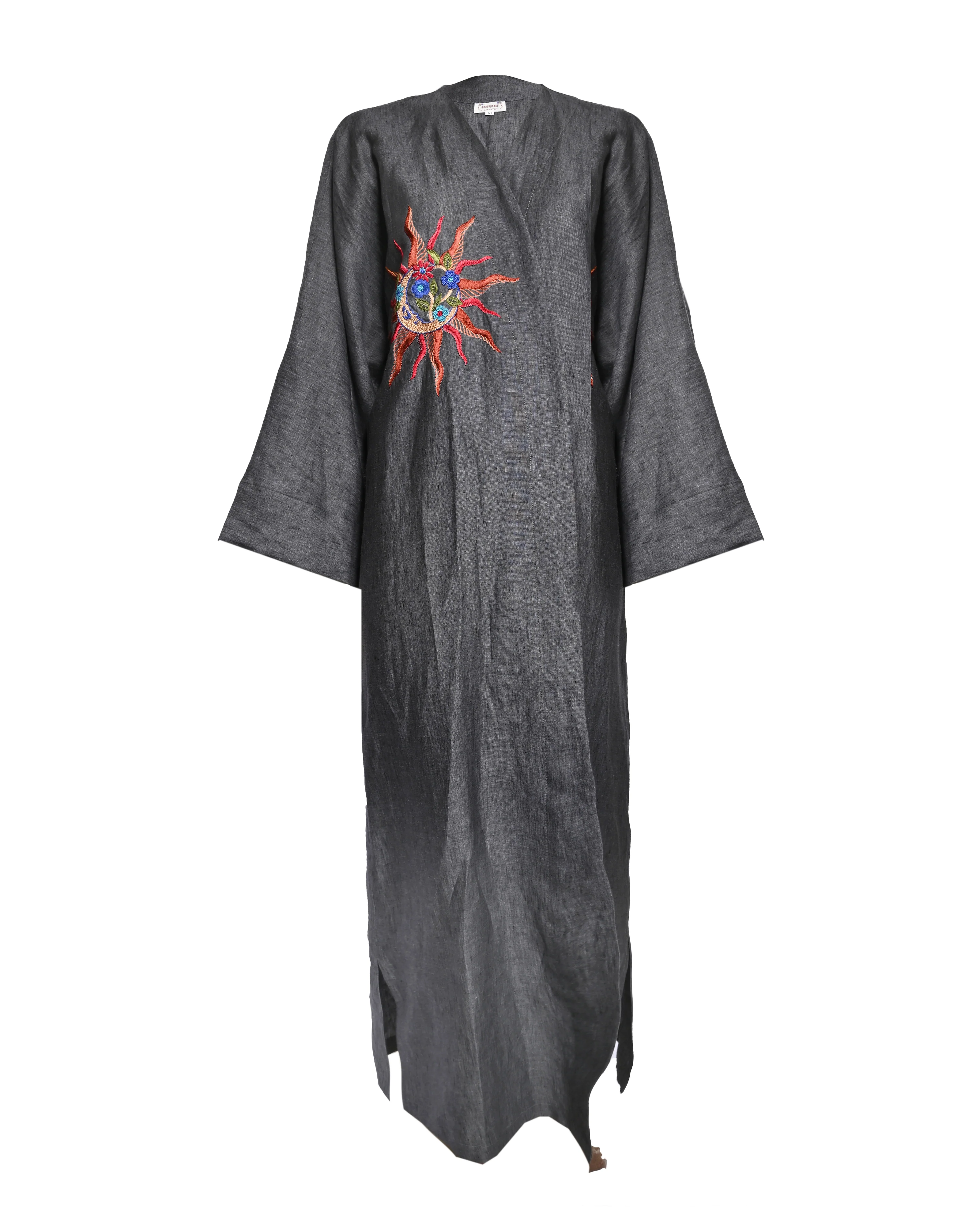 Grey Linen Embroidered Abaya