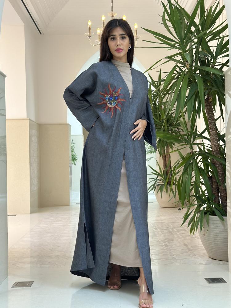 Grey Linen Embroidered Abaya - Image 2