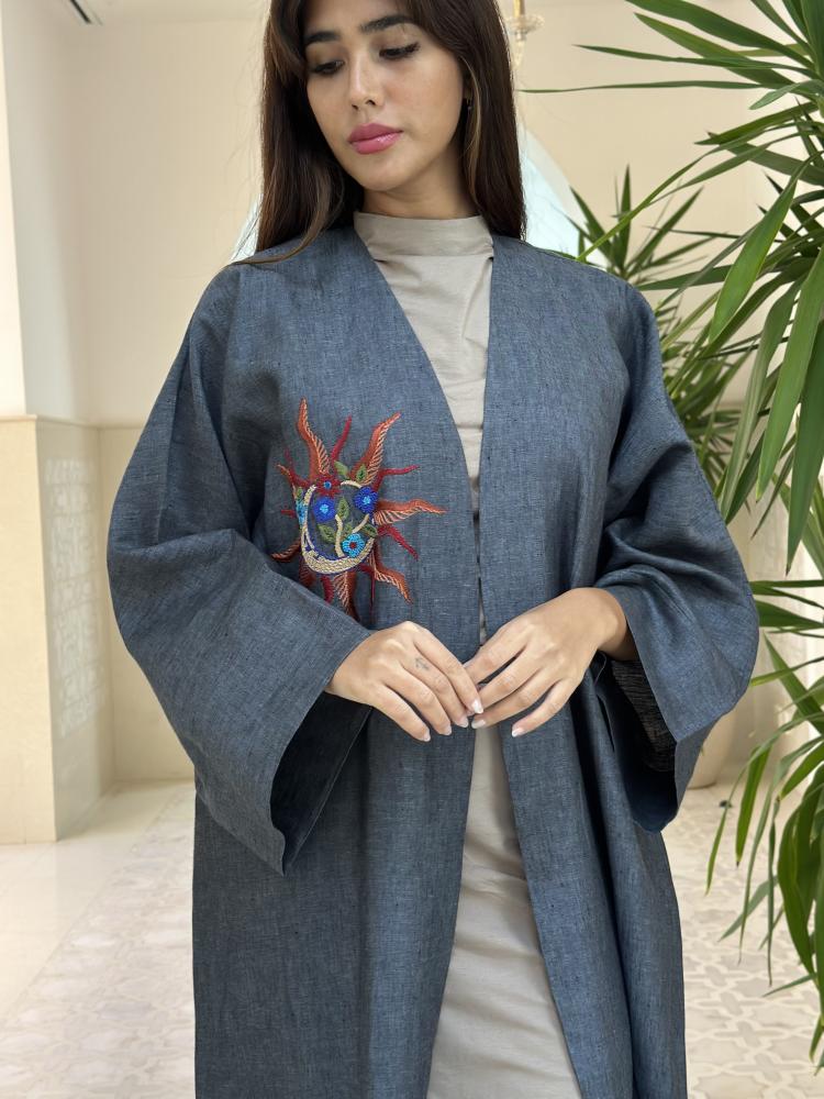 Grey Linen Embroidered Abaya - Image 3