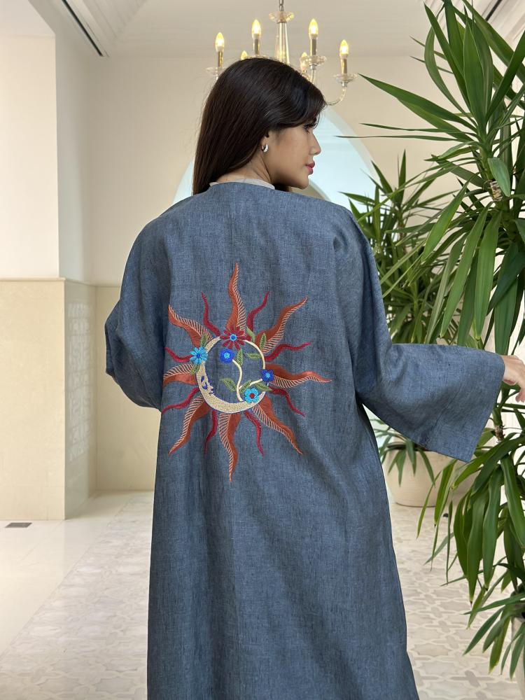 Grey Linen Embroidered Abaya - Image 4
