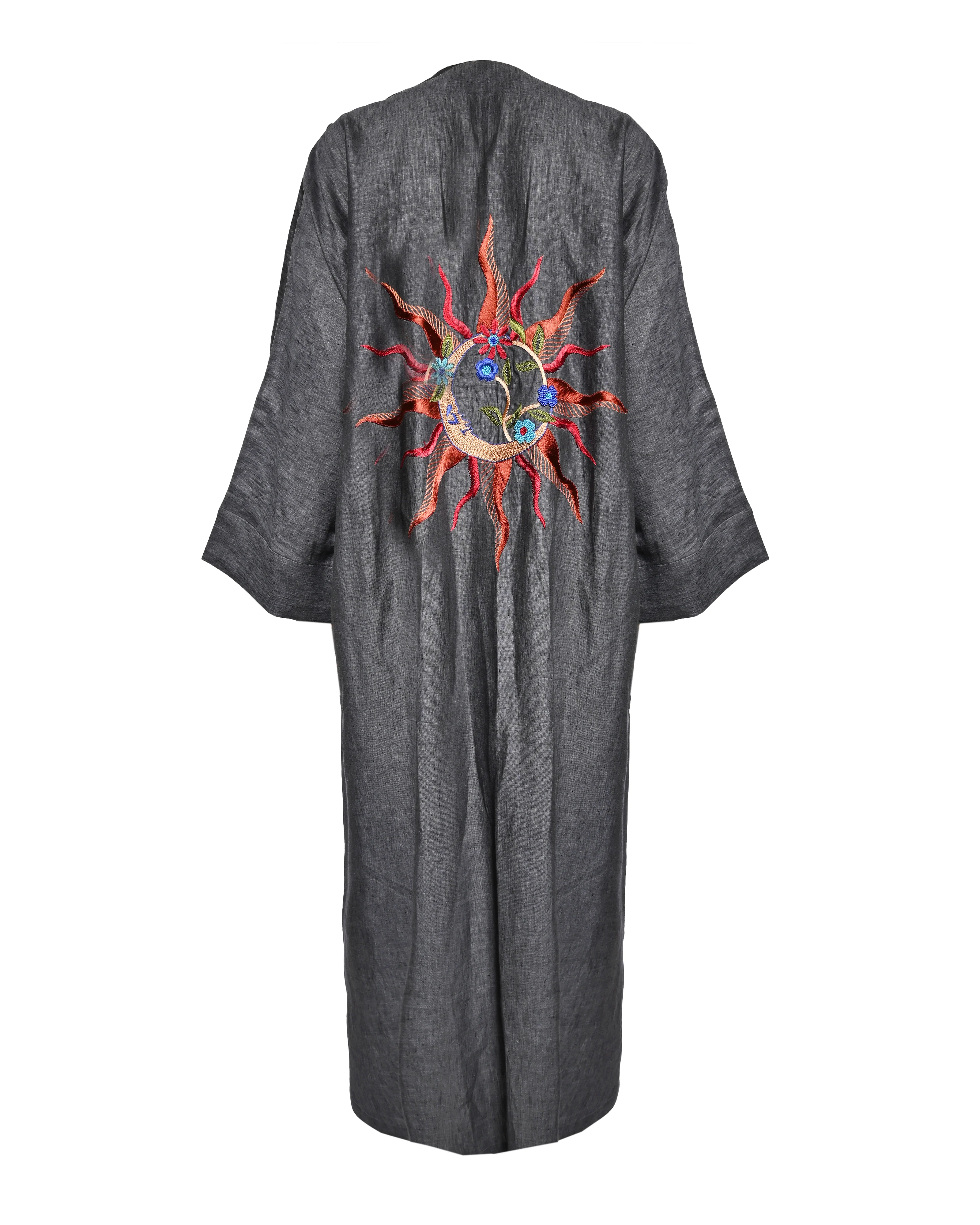Grey Linen Embroidered Abaya - Image 5