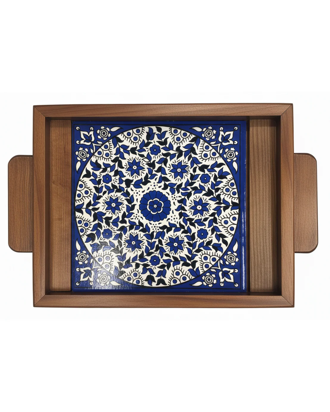 Hand-Painted Floral Ceramic & Wood Serving Tray