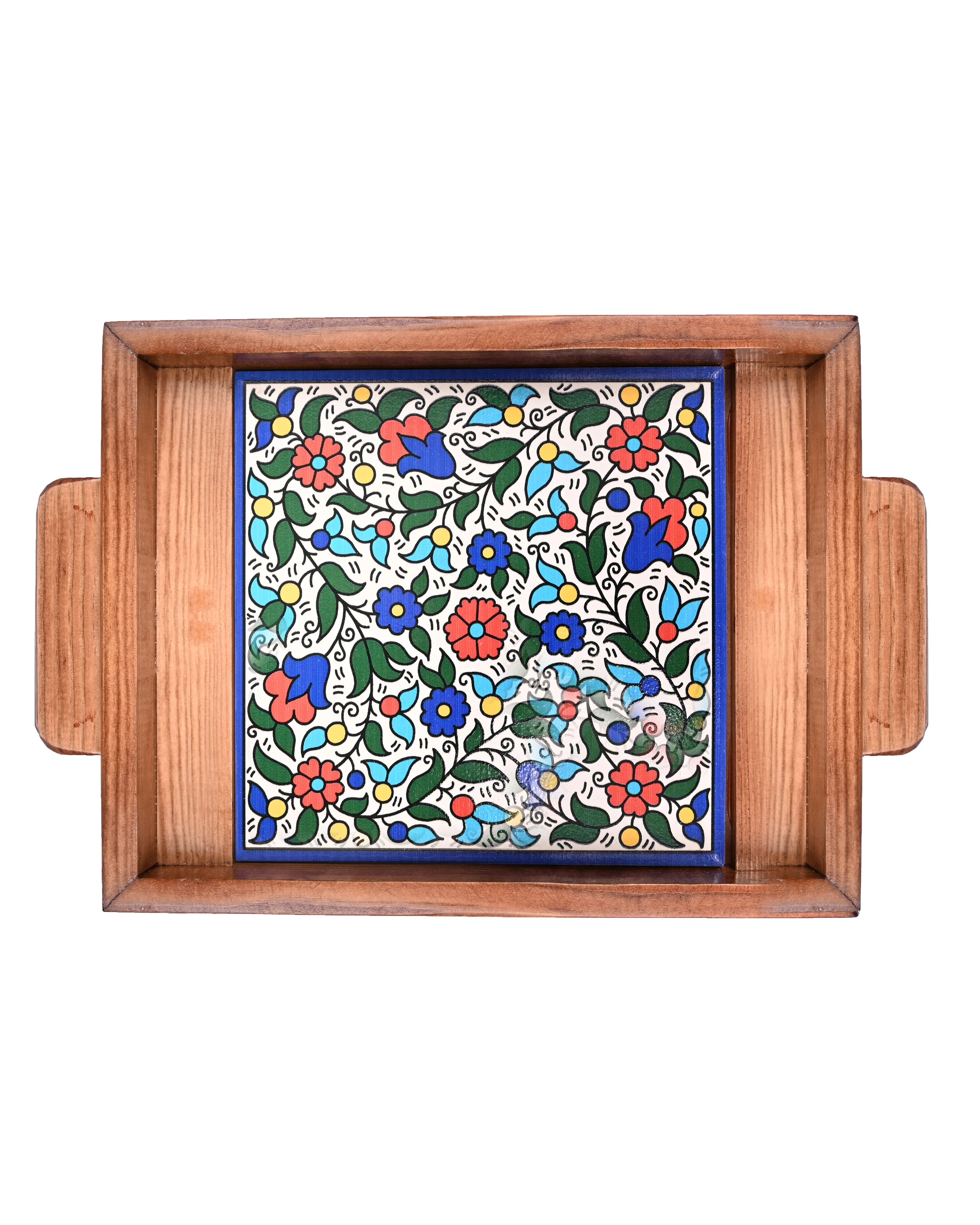 Hand-Painted Floral Ceramic & Wood Serving Tray