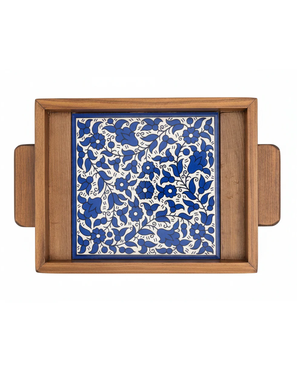 Hand-Painted Floral Ceramic & Wood Serving Tray