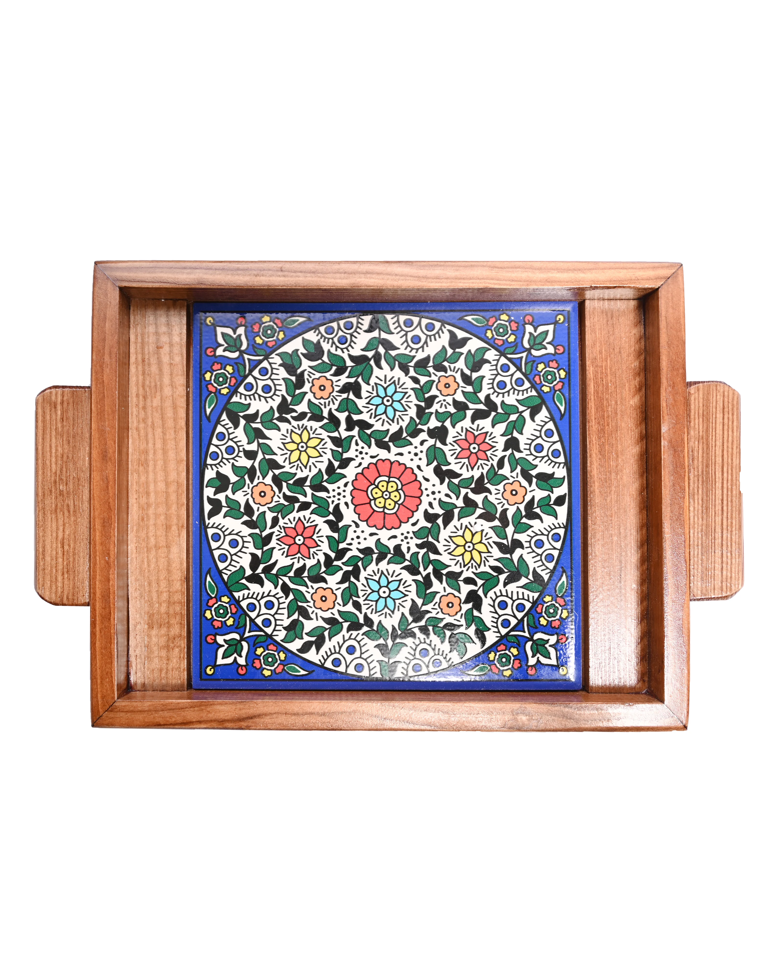 Hand-Painted Mandala Floral Ceramic & Wood Serving Tray