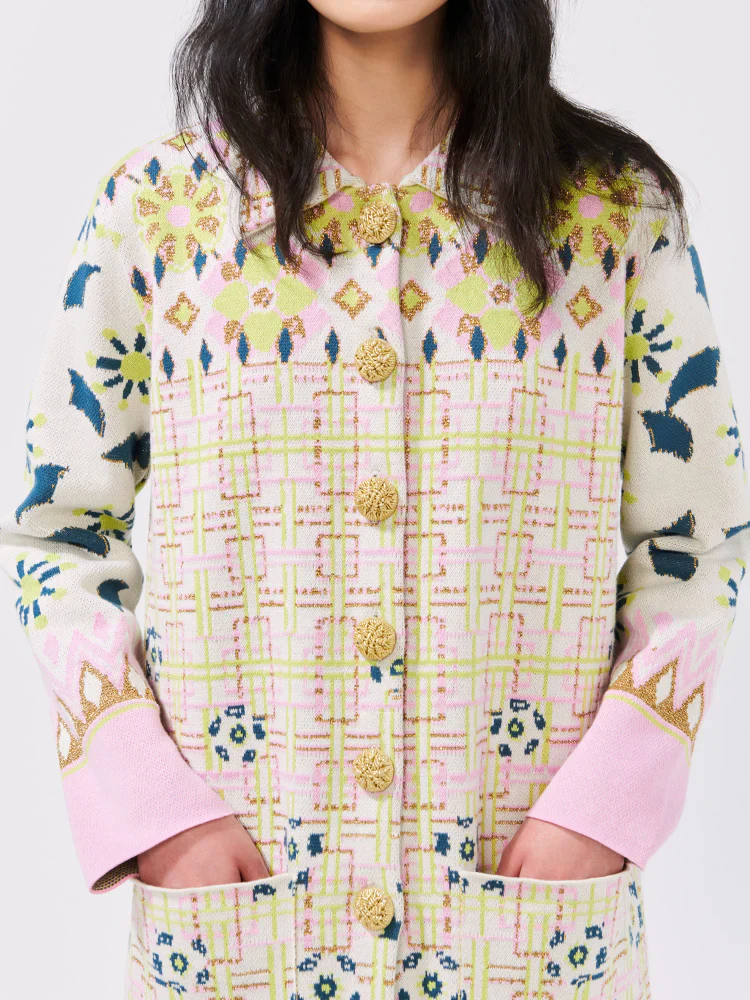 Lattice Blossom Ecru Cotton Jacquard Coat - Image 3