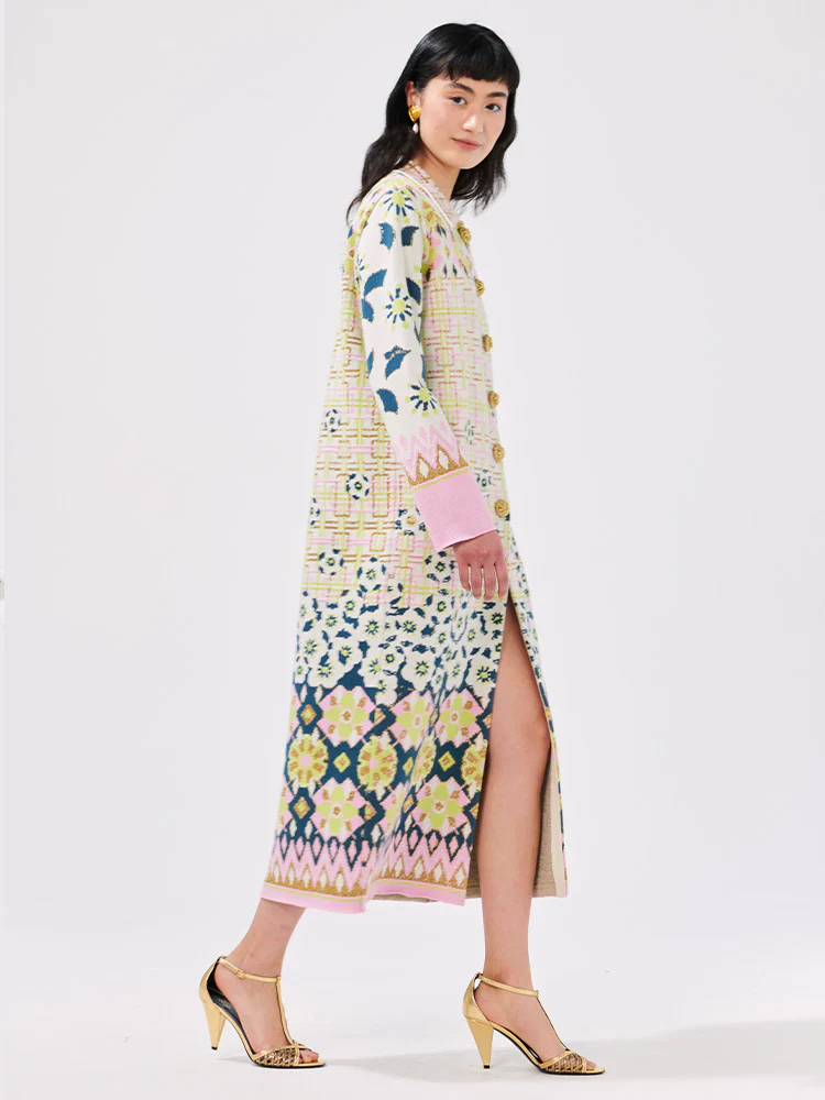 Lattice Blossom Ecru Cotton Jacquard Coat - Image 4