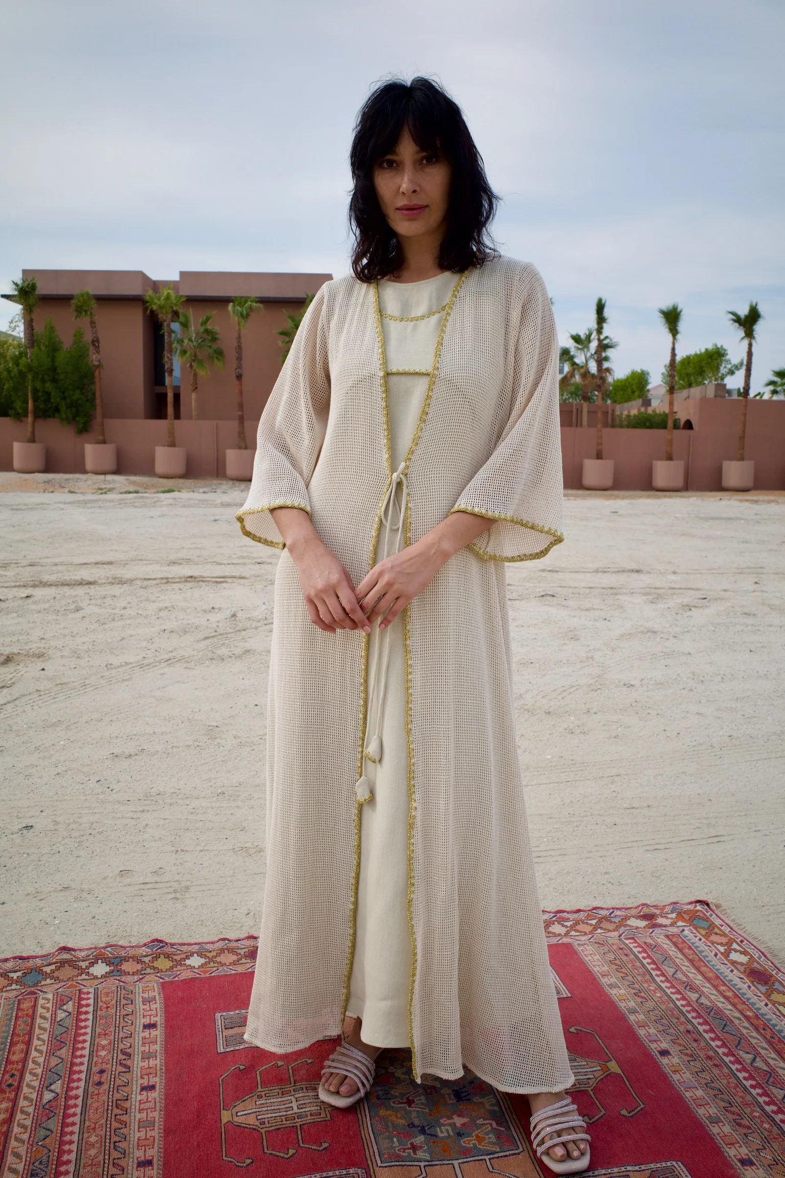Linen Beige Knitted Abaya Set with Inner Dress