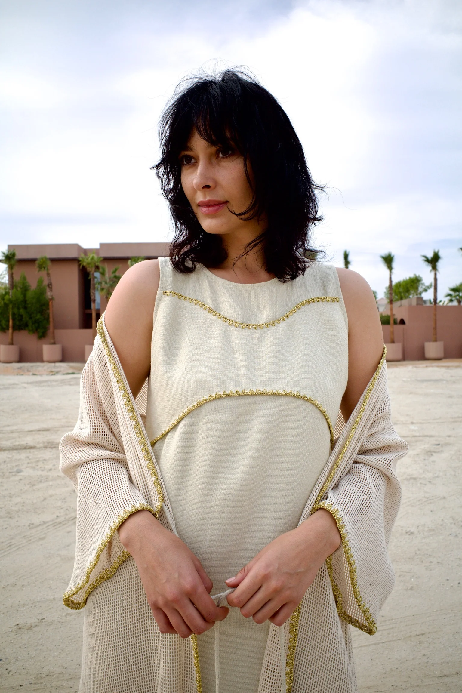 Linen Beige Knitted Abaya Set with Inner Dress - Image 2