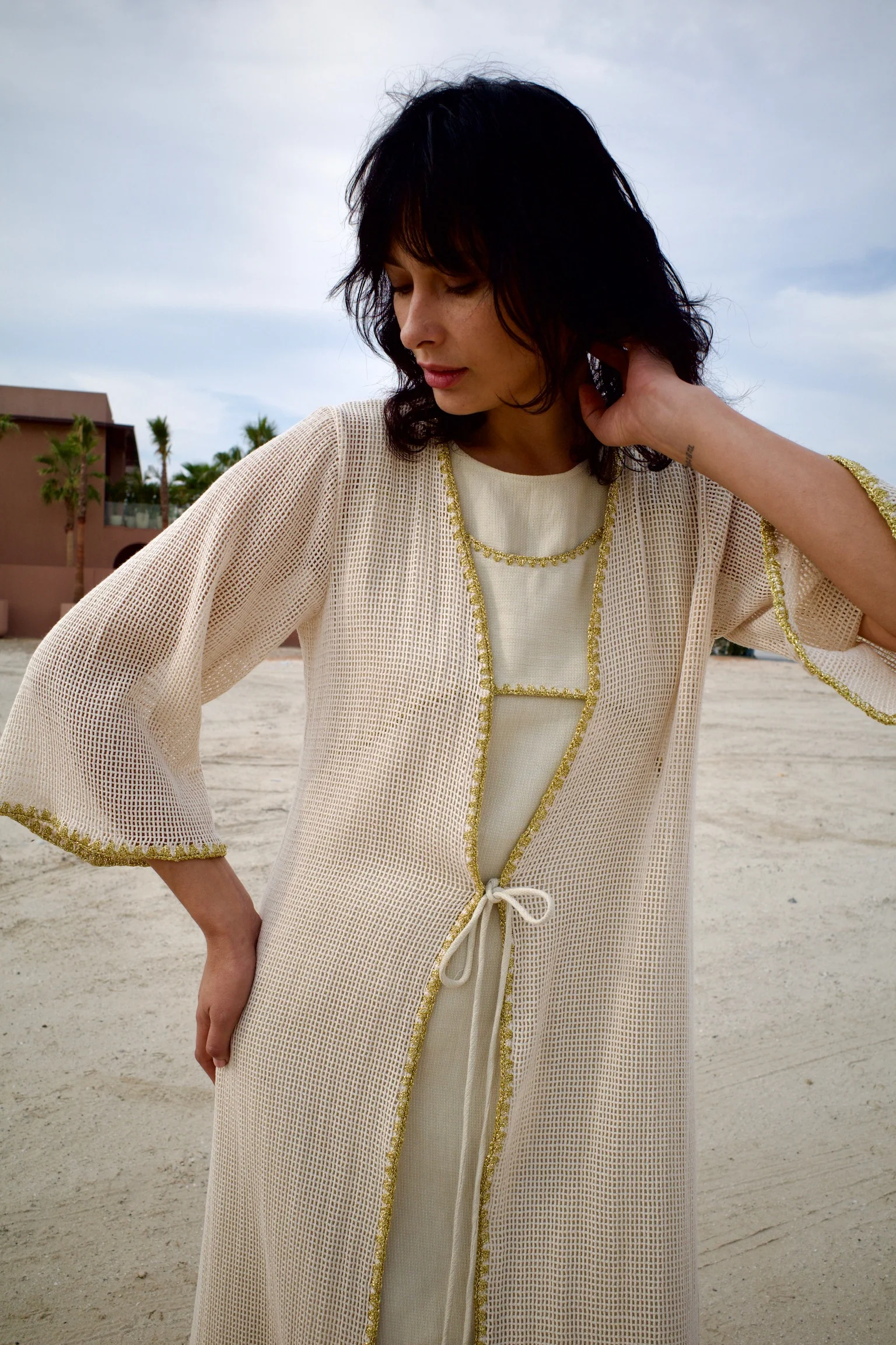 Linen Beige Knitted Abaya Set with Inner Dress - Image 3