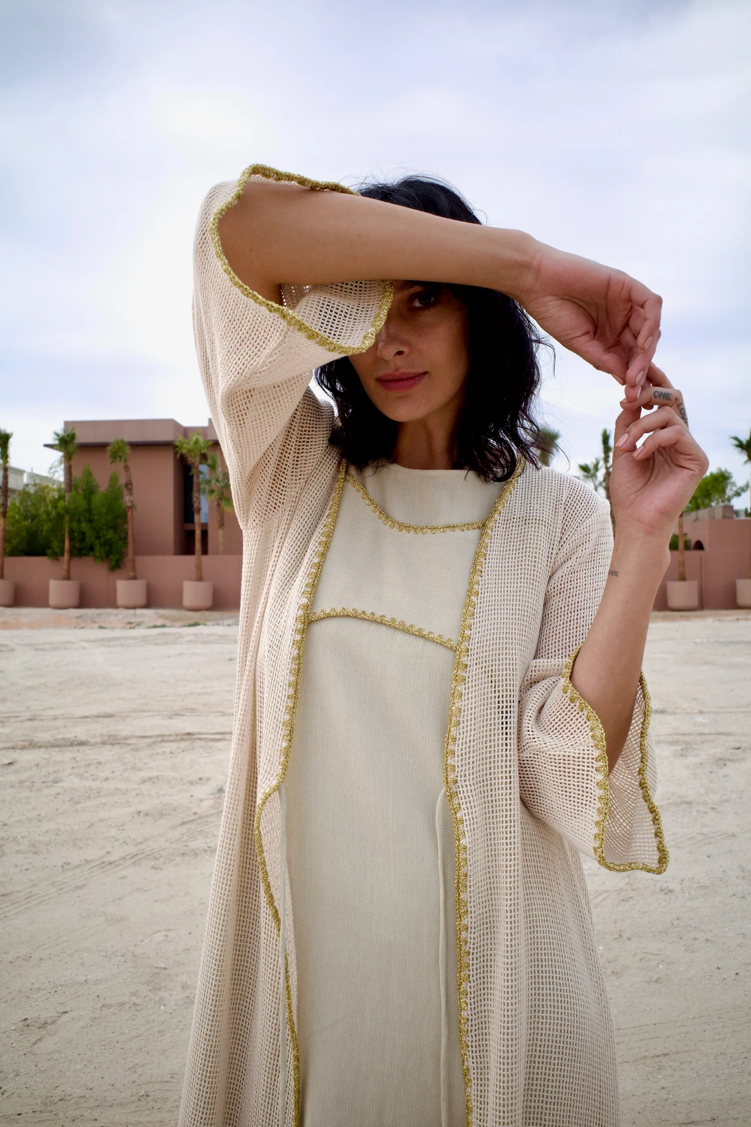 Linen Beige Knitted Abaya Set with Inner Dress - Image 4