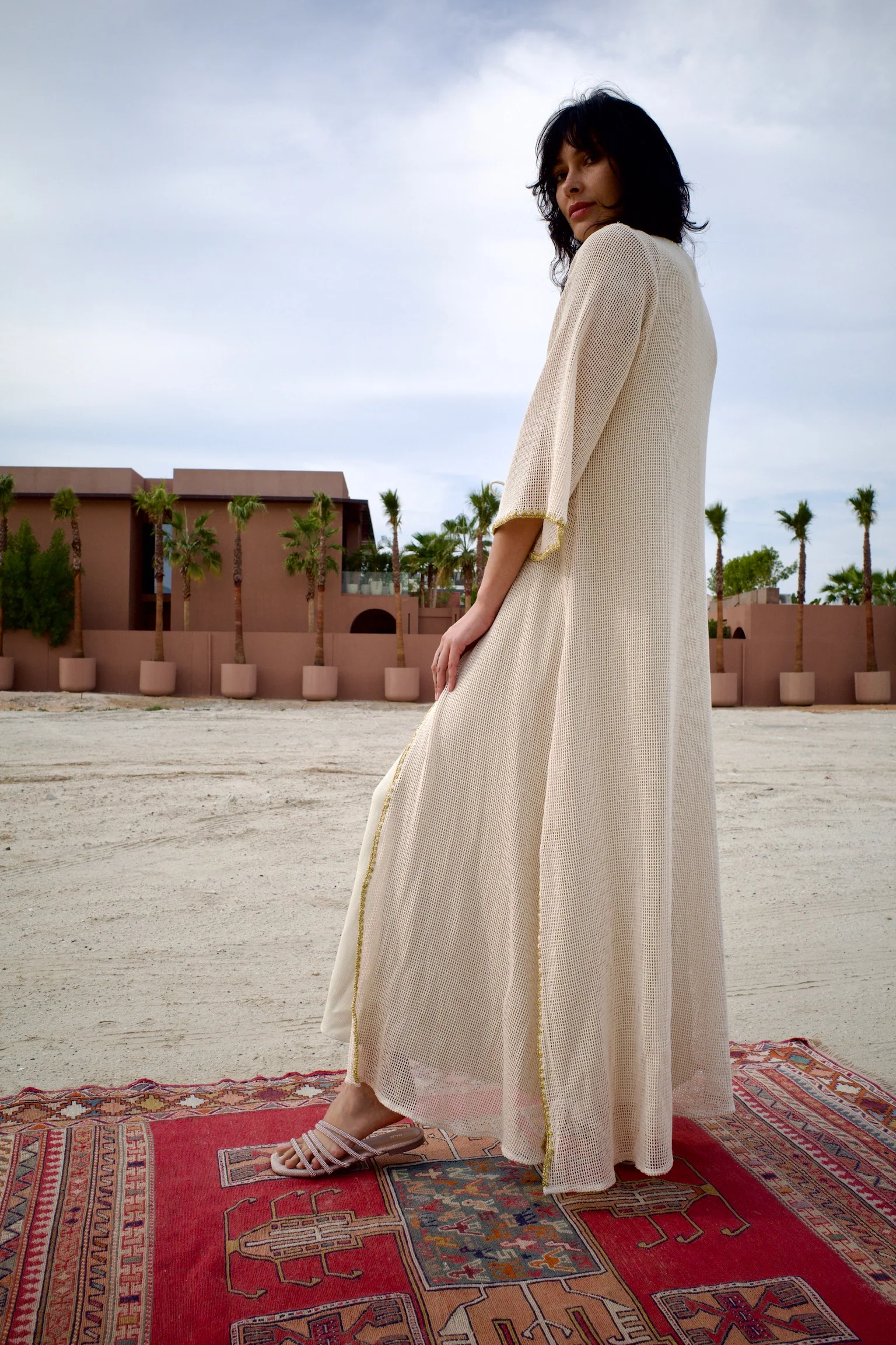 Linen Beige Knitted Abaya Set with Inner Dress - Image 5