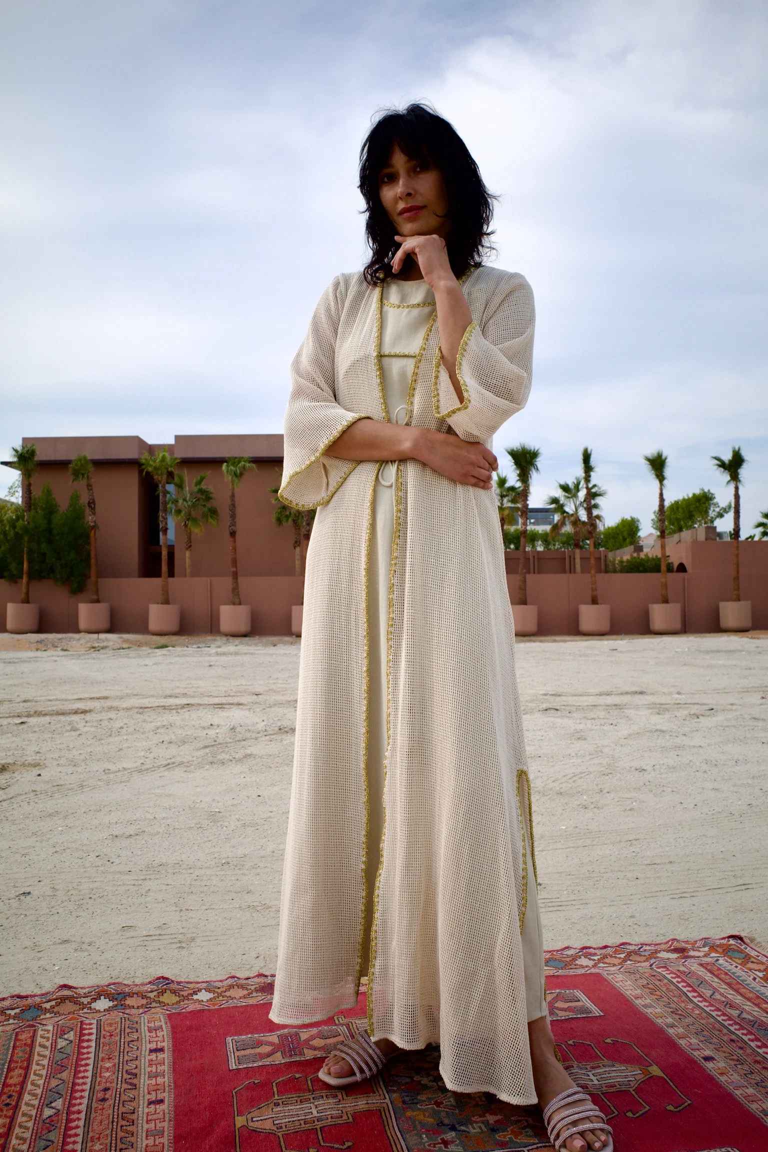 Linen Beige Knitted Abaya Set with Inner Dress - Image 6