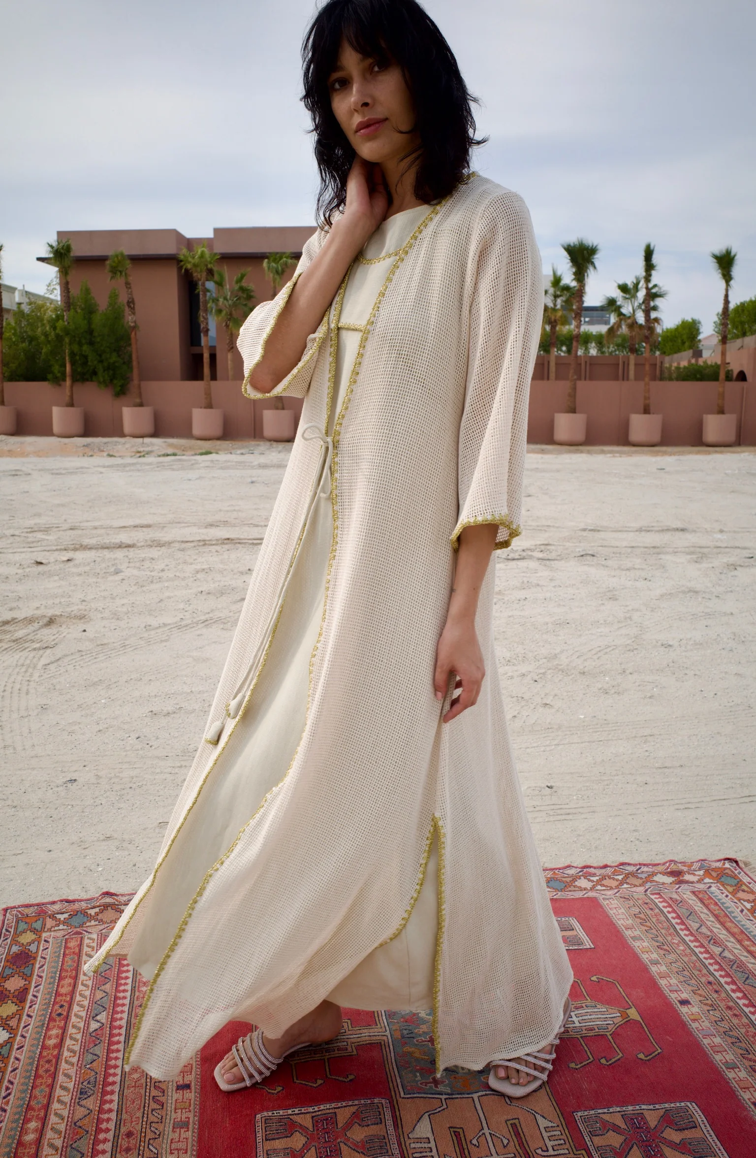 Linen Beige Knitted Abaya Set with Inner Dress - Image 7