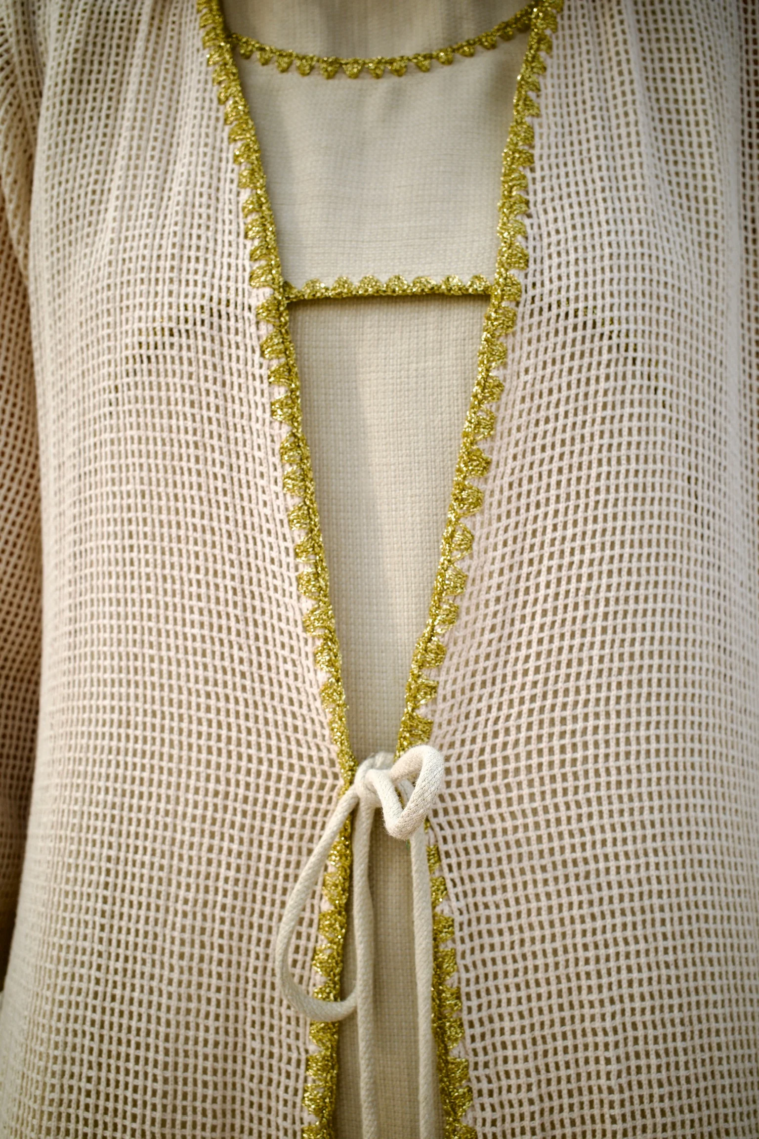 Linen Beige Knitted Abaya Set with Inner Dress - Image 8