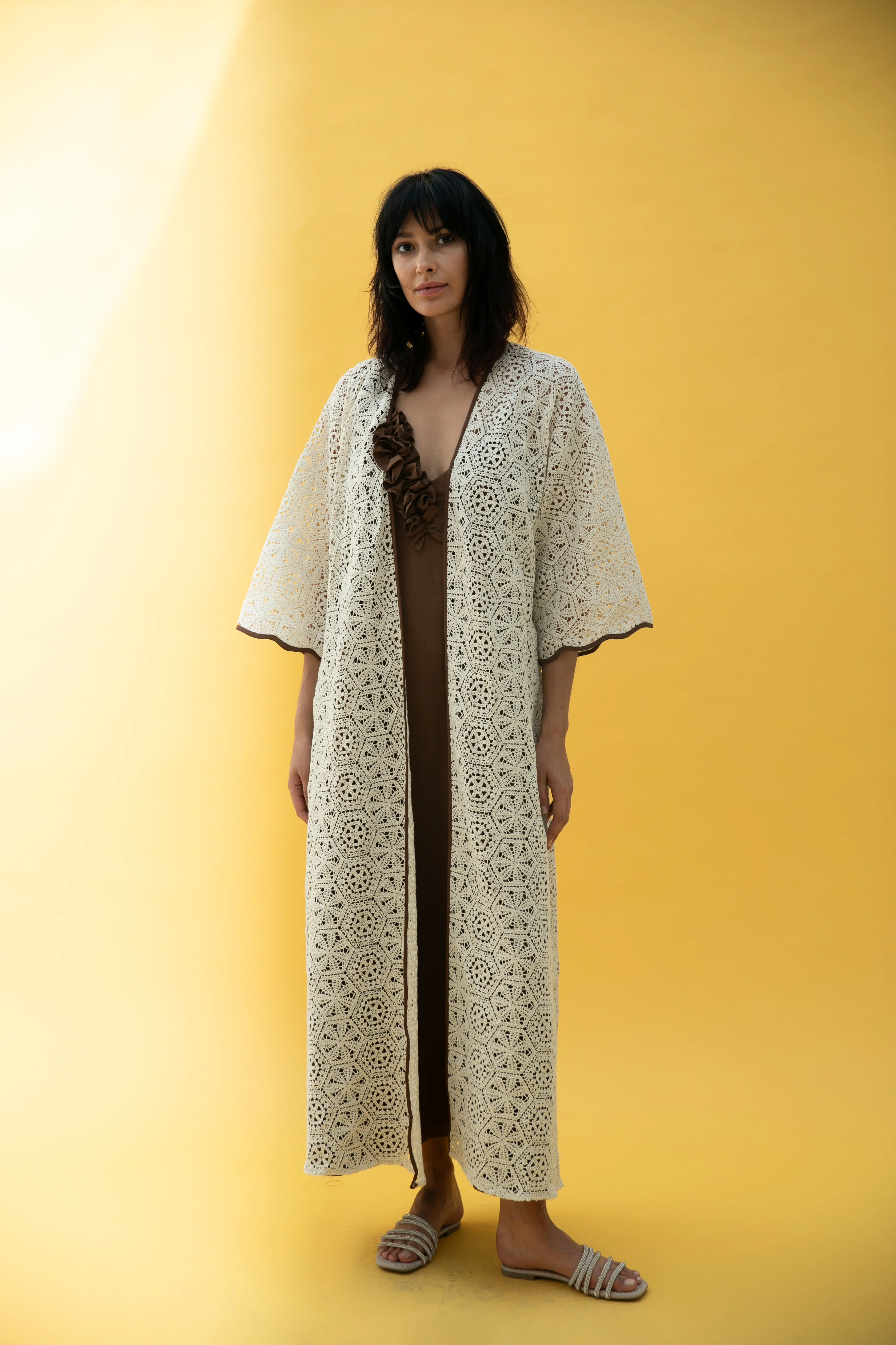 Linen Crochet Abaya Set with Brown Inner Dress