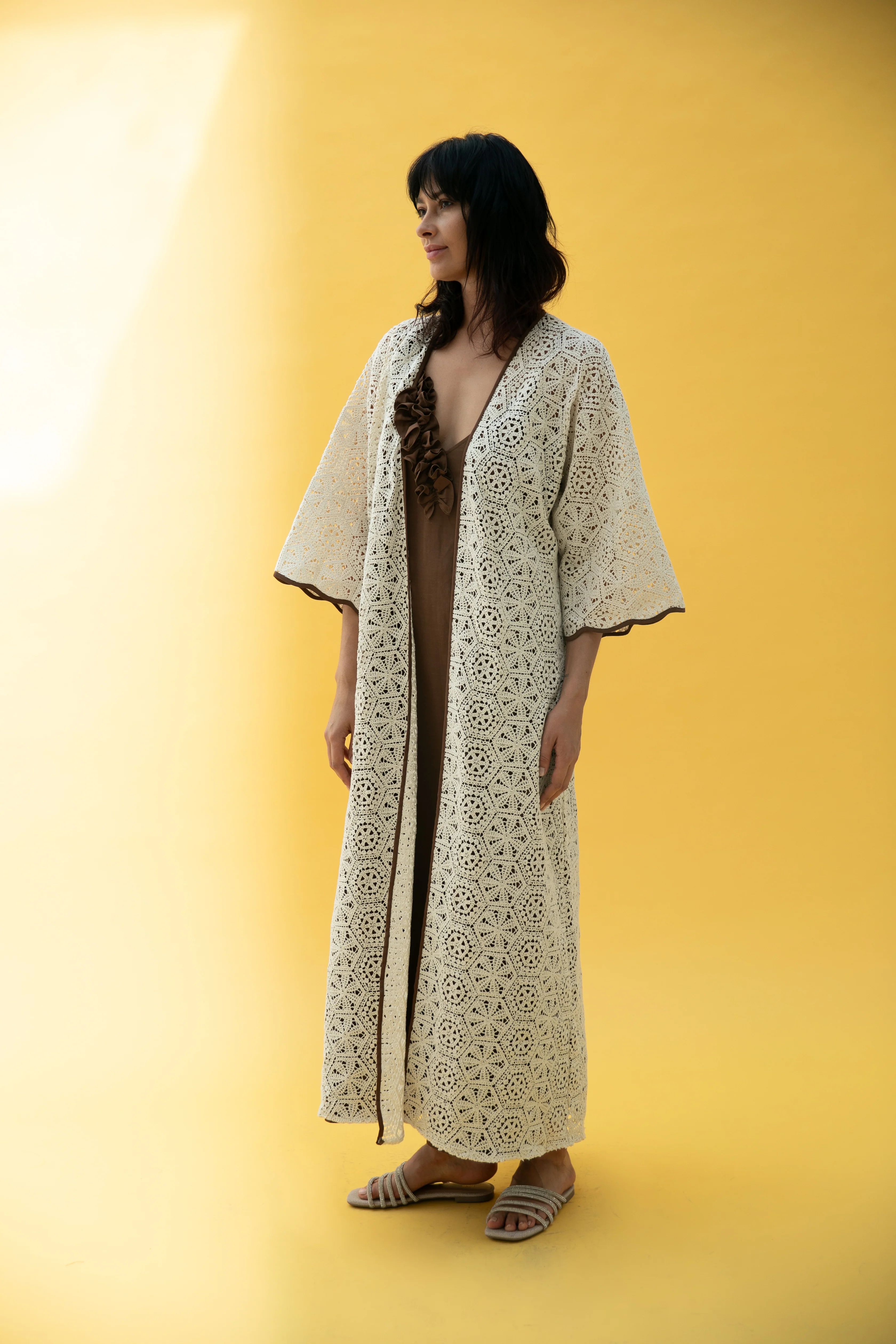 Linen Crochet Abaya Set with Brown Inner Dress - Image 2