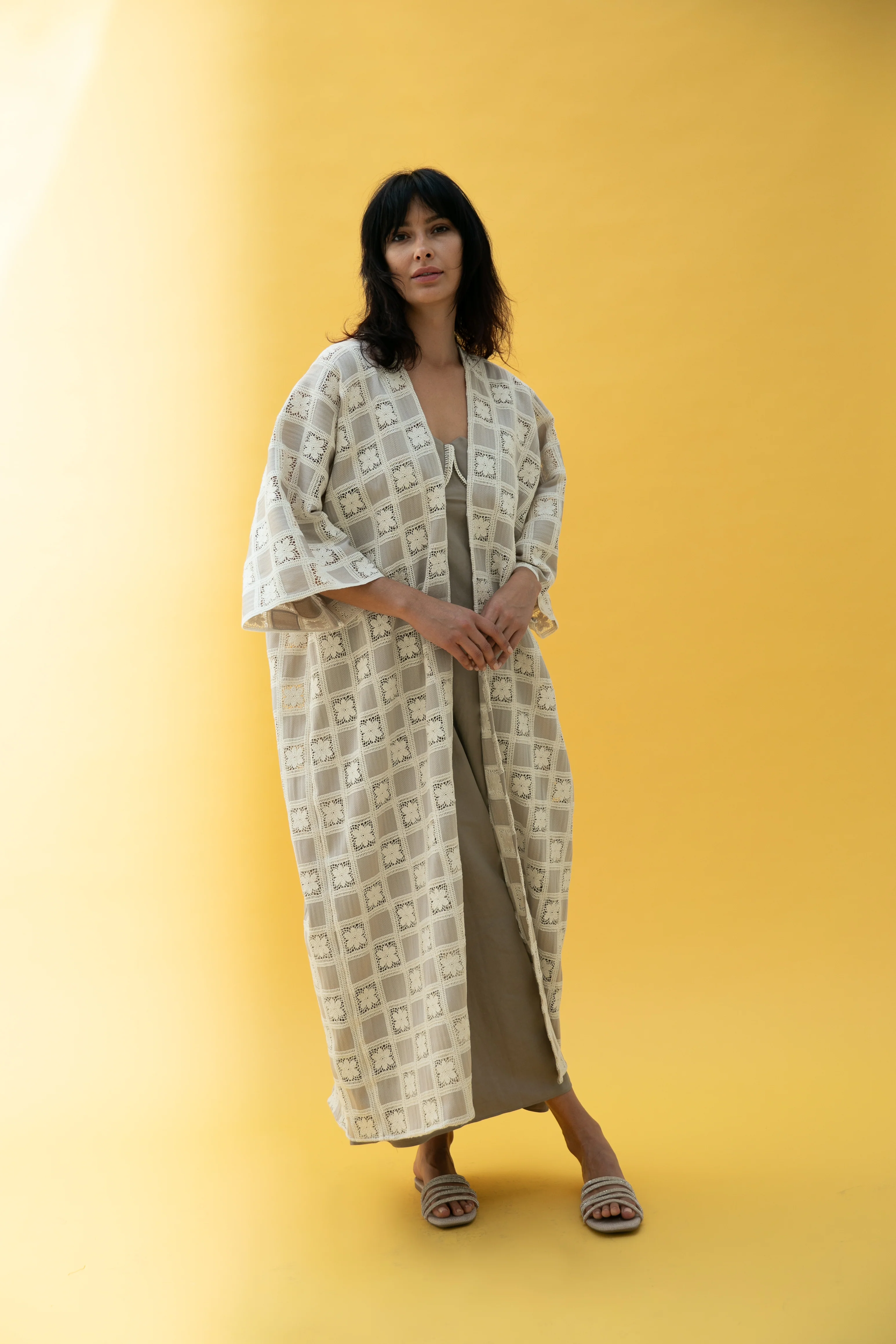 Linen Crochet Abaya Set with Grey Inner Dress