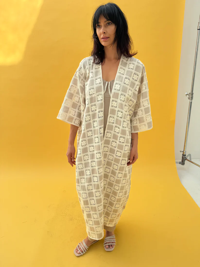 Linen Crochet Abaya Set with Grey Inner Dress - Image 3
