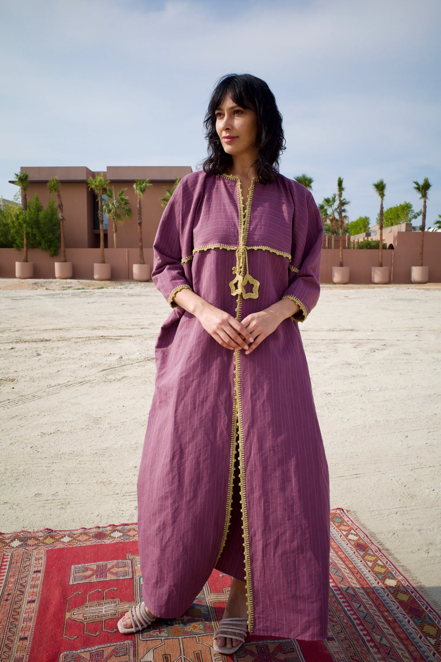 Linen Striped Maroon Abaya Set with Inner Dress