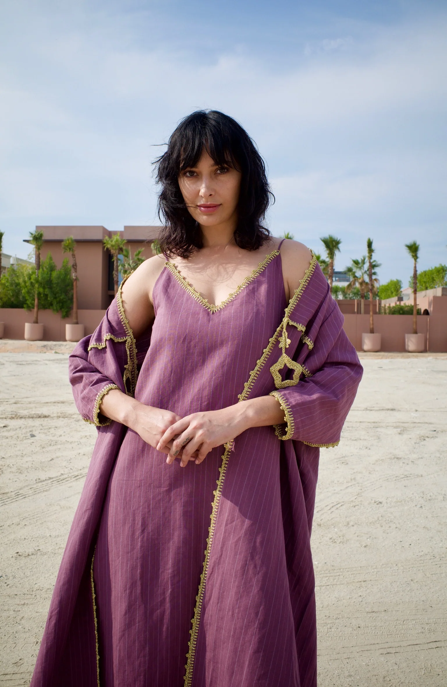 Linen Striped Maroon Abaya Set with Inner Dress - Image 2