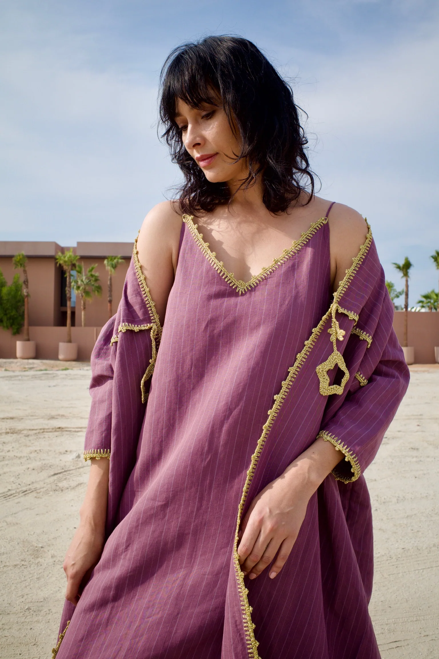Linen Striped Maroon Abaya Set with Inner Dress - Image 3