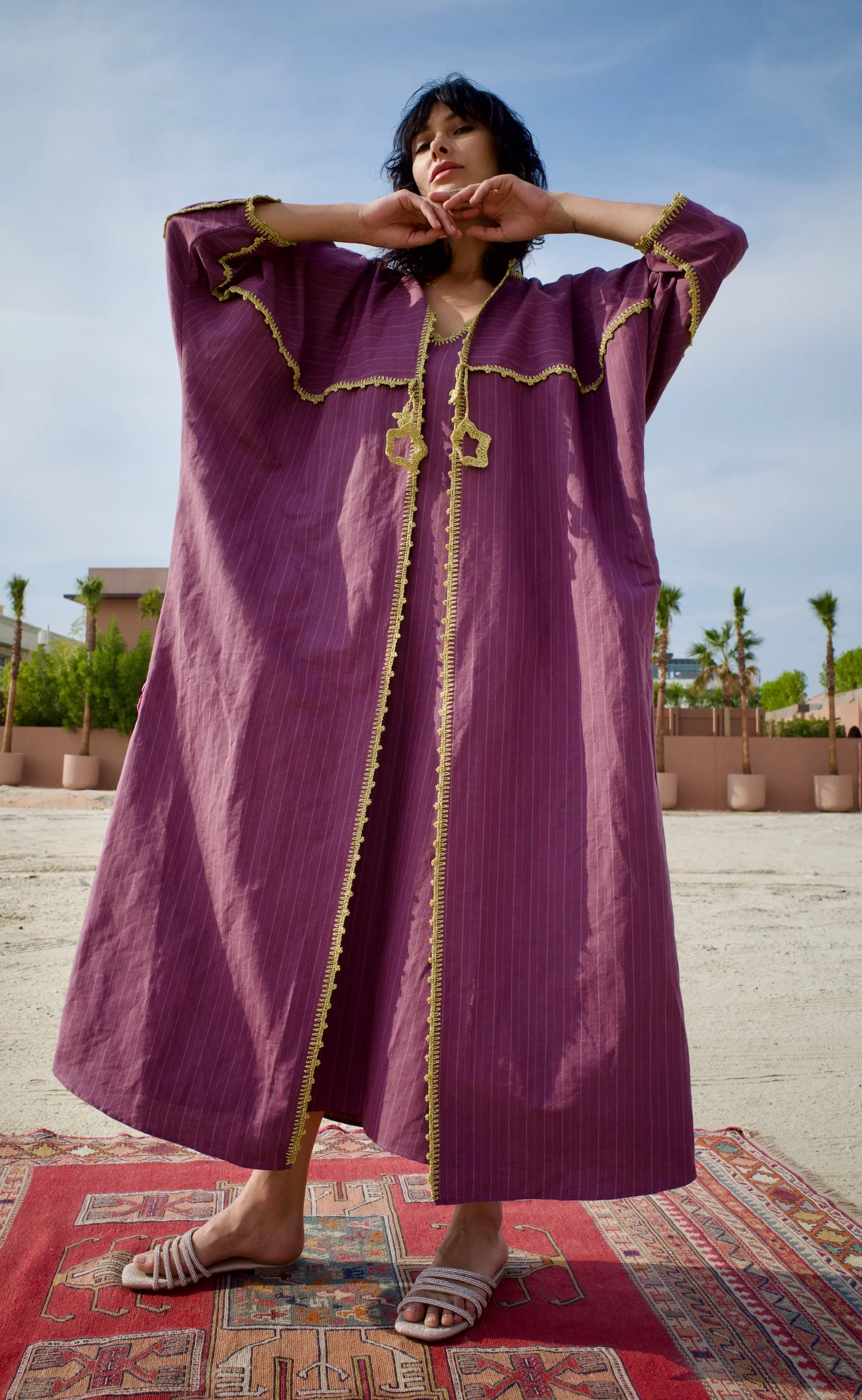 Linen Striped Maroon Abaya Set with Inner Dress - Image 4