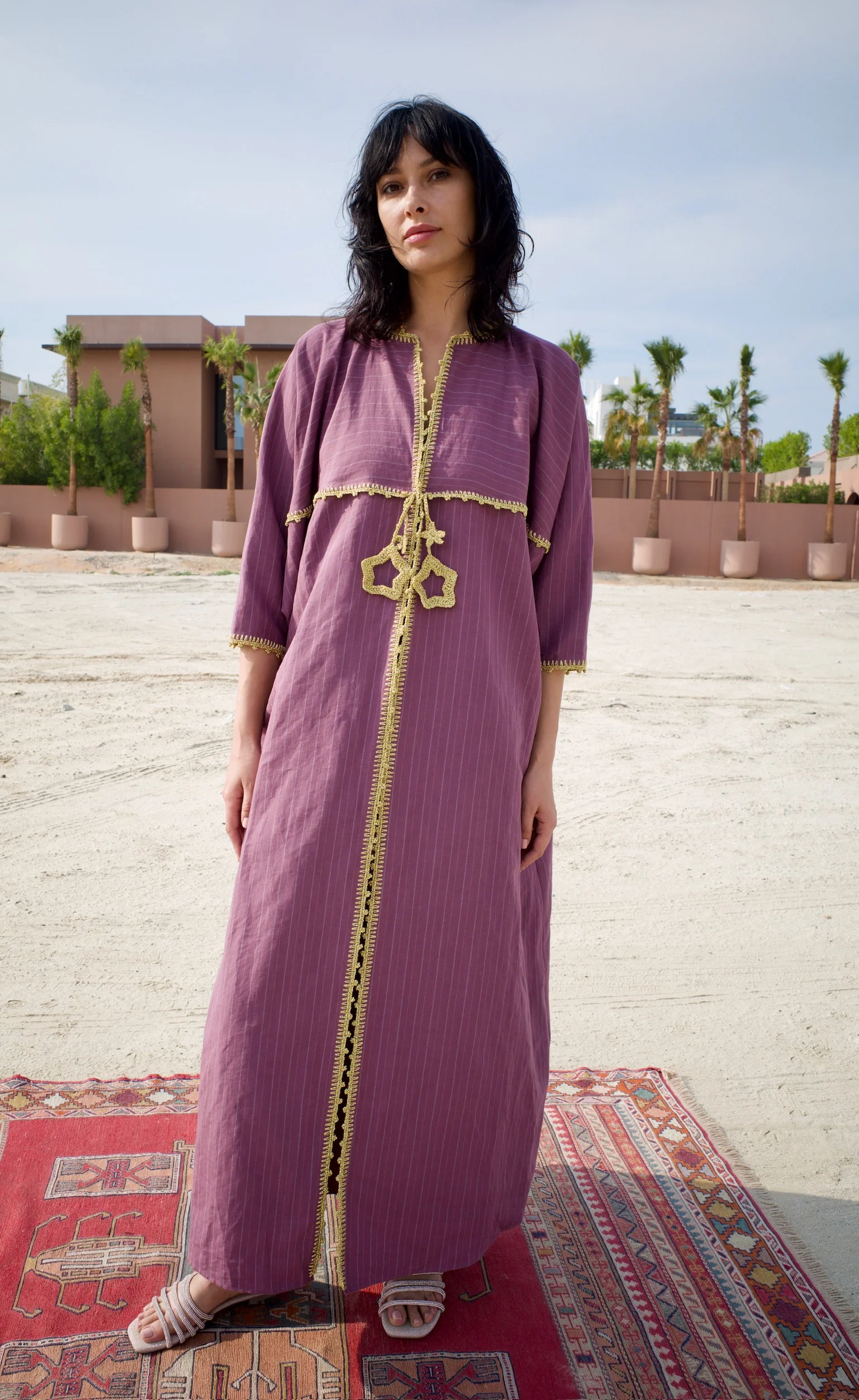 Linen Striped Maroon Abaya Set with Inner Dress - Image 5