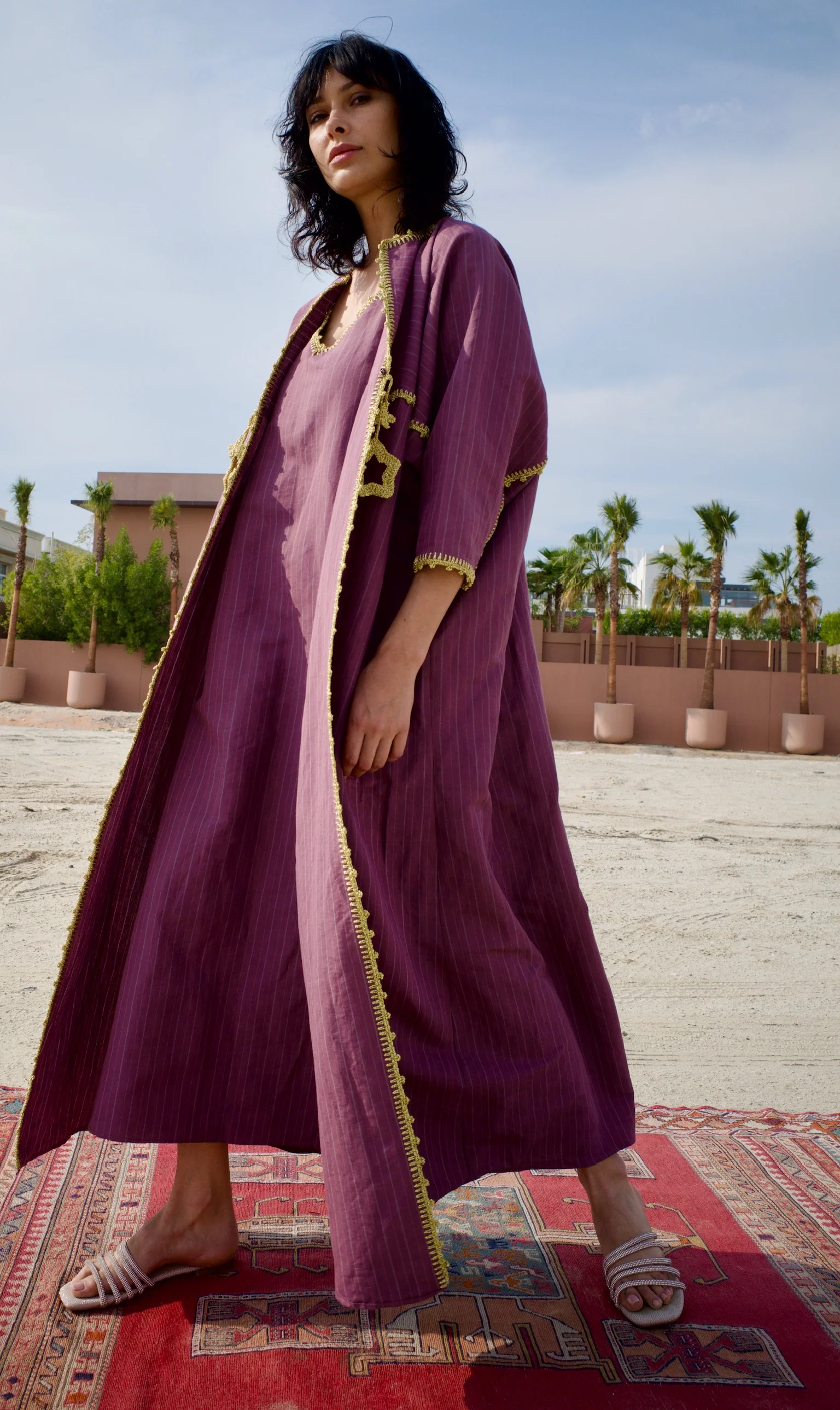 Linen Striped Maroon Abaya Set with Inner Dress - Image 6