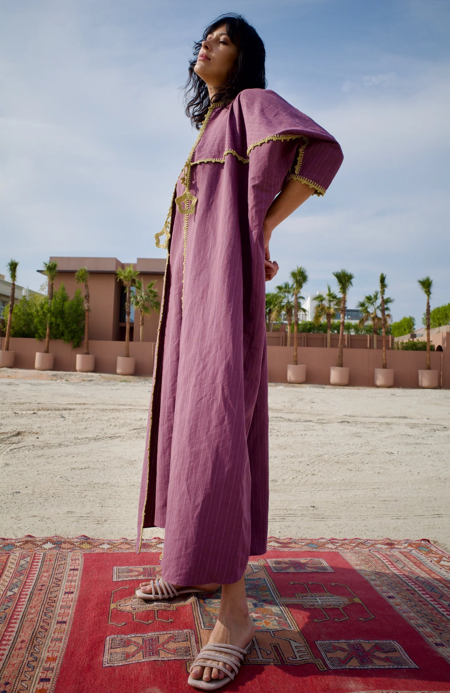 Linen Striped Maroon Abaya Set with Inner Dress - Image 7
