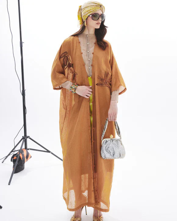 Monochrome Bird of Paradise on Rust Abaya - Image 4
