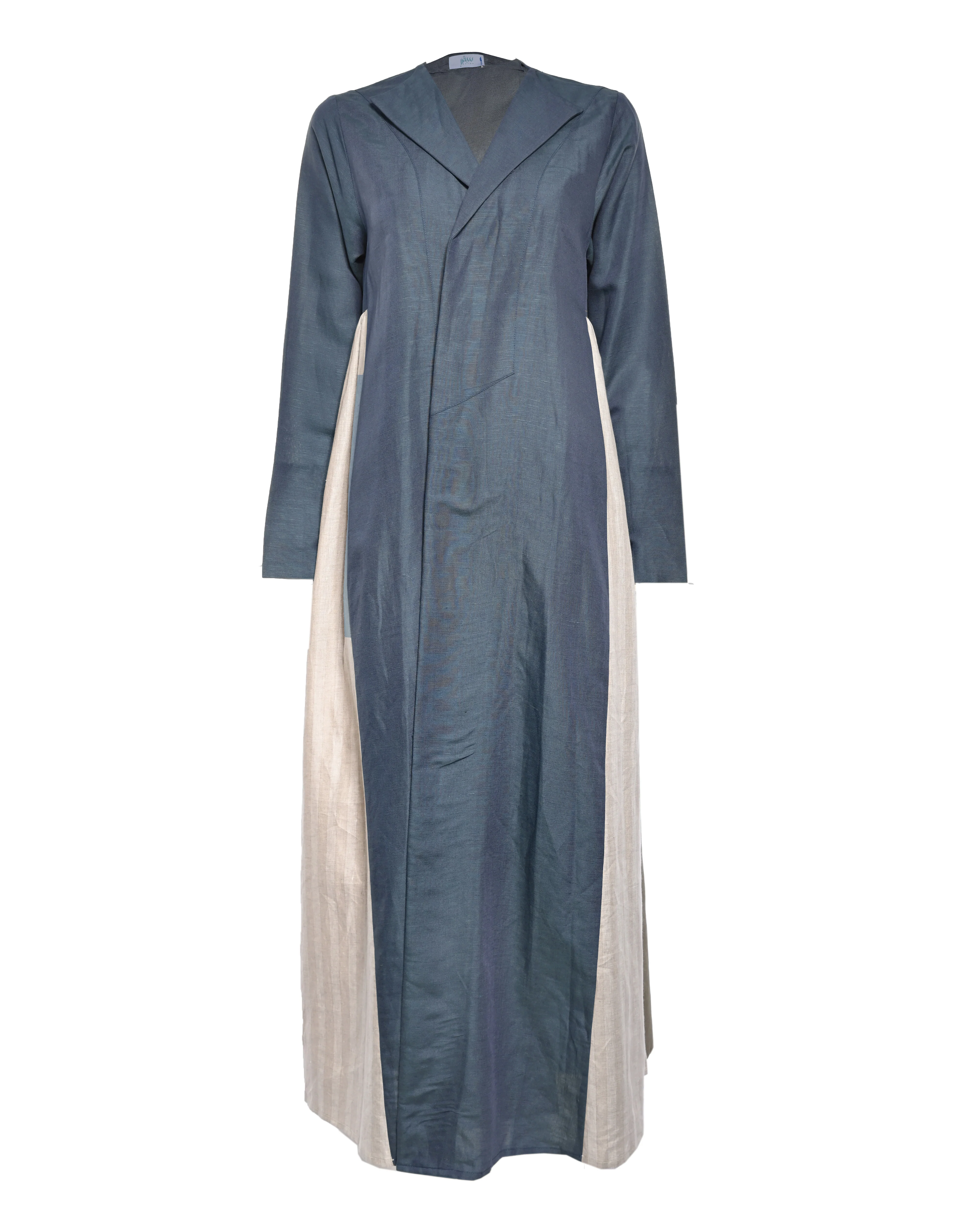 Navy Blue Linen Abaya with Beige Gathered Waist