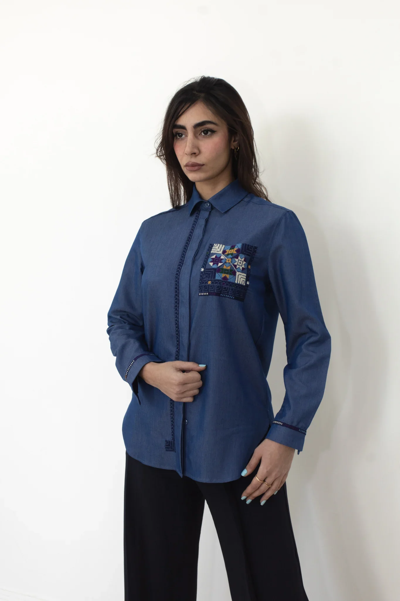 Navy Disc of Feathers Embroidered Shirt