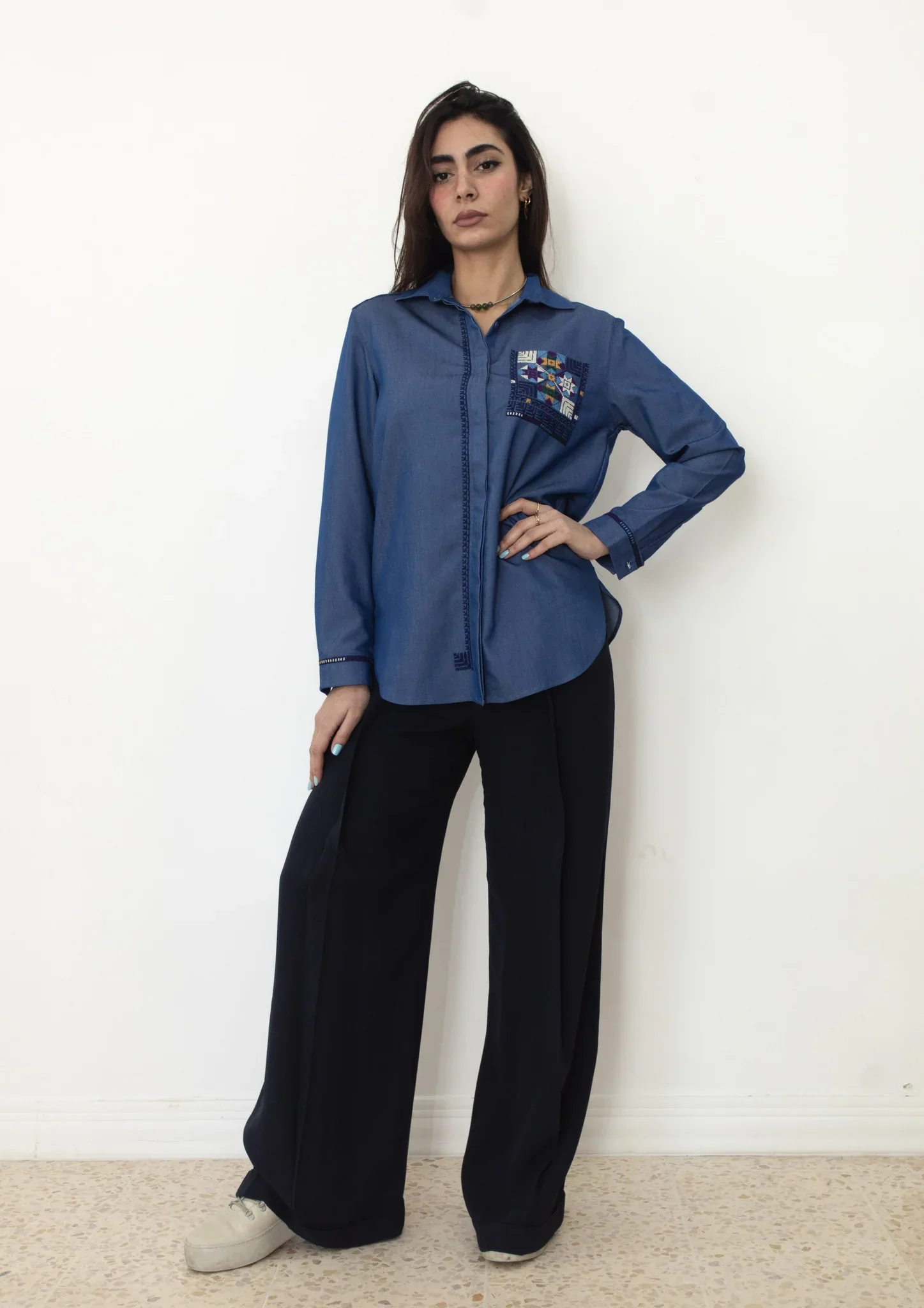 Navy Disc of Feathers Embroidered Shirt - Image 2