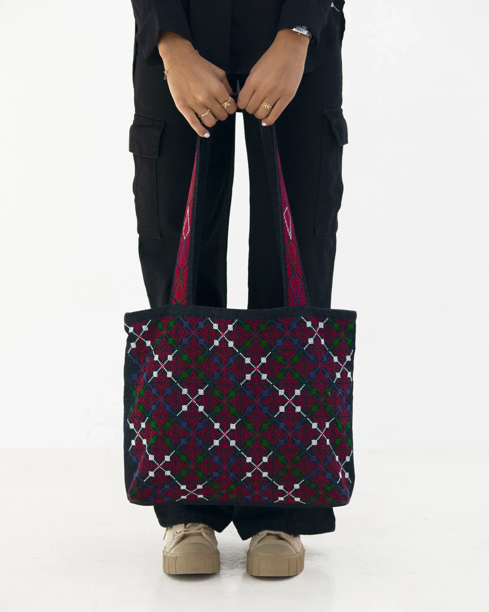 Denim Pomegranate Flowers Tote Bag