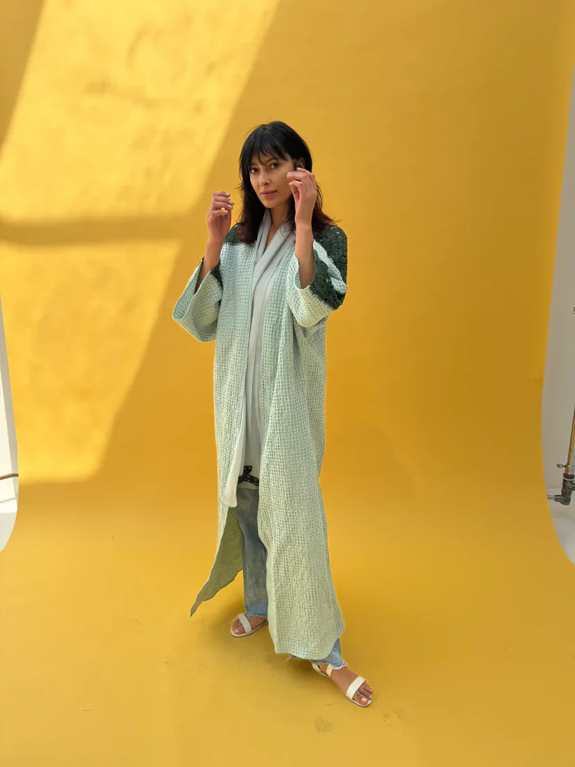 Olive Green Linen Crochet Abaya - Image 2