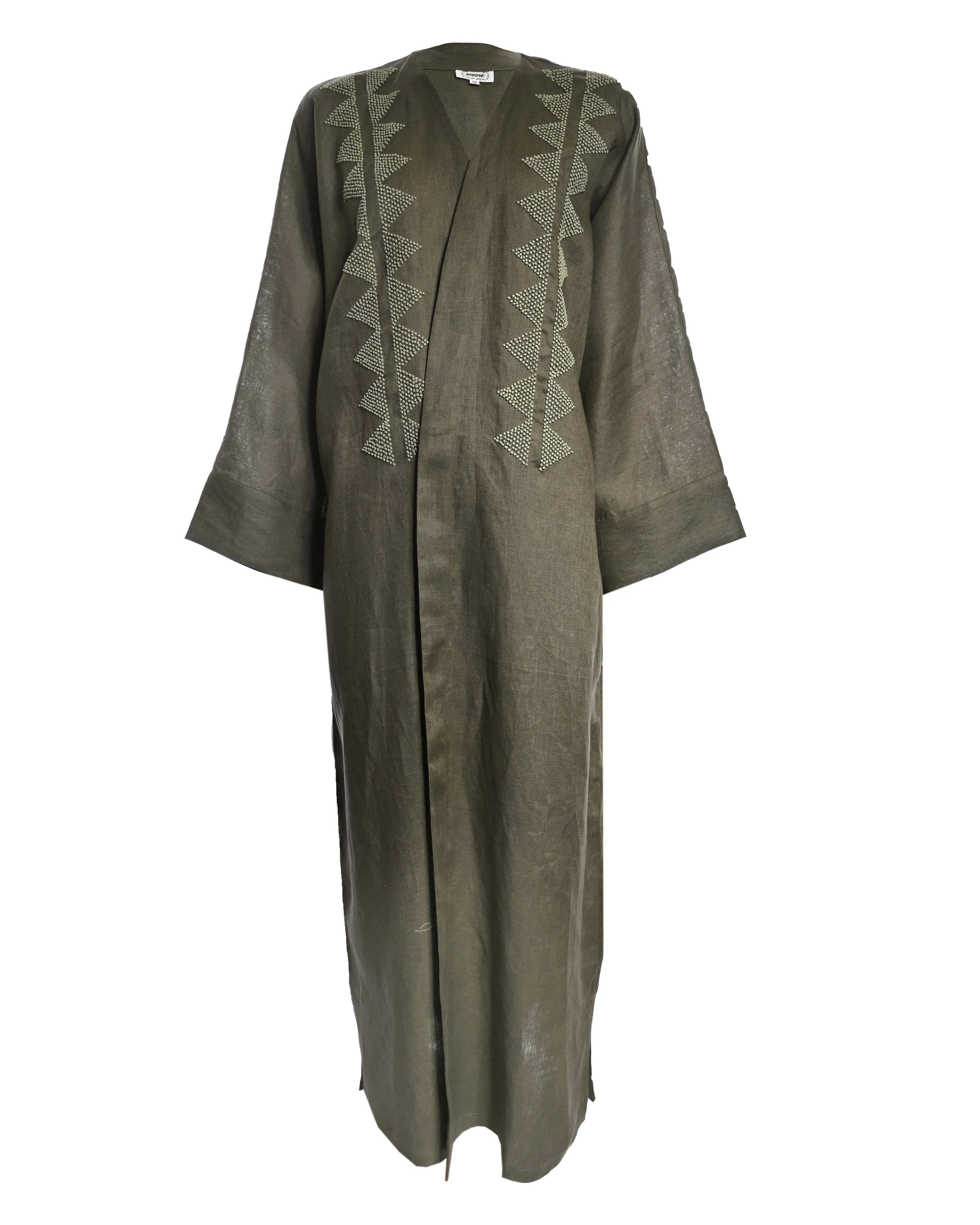 Olive Green Linen Embroidered Abaya