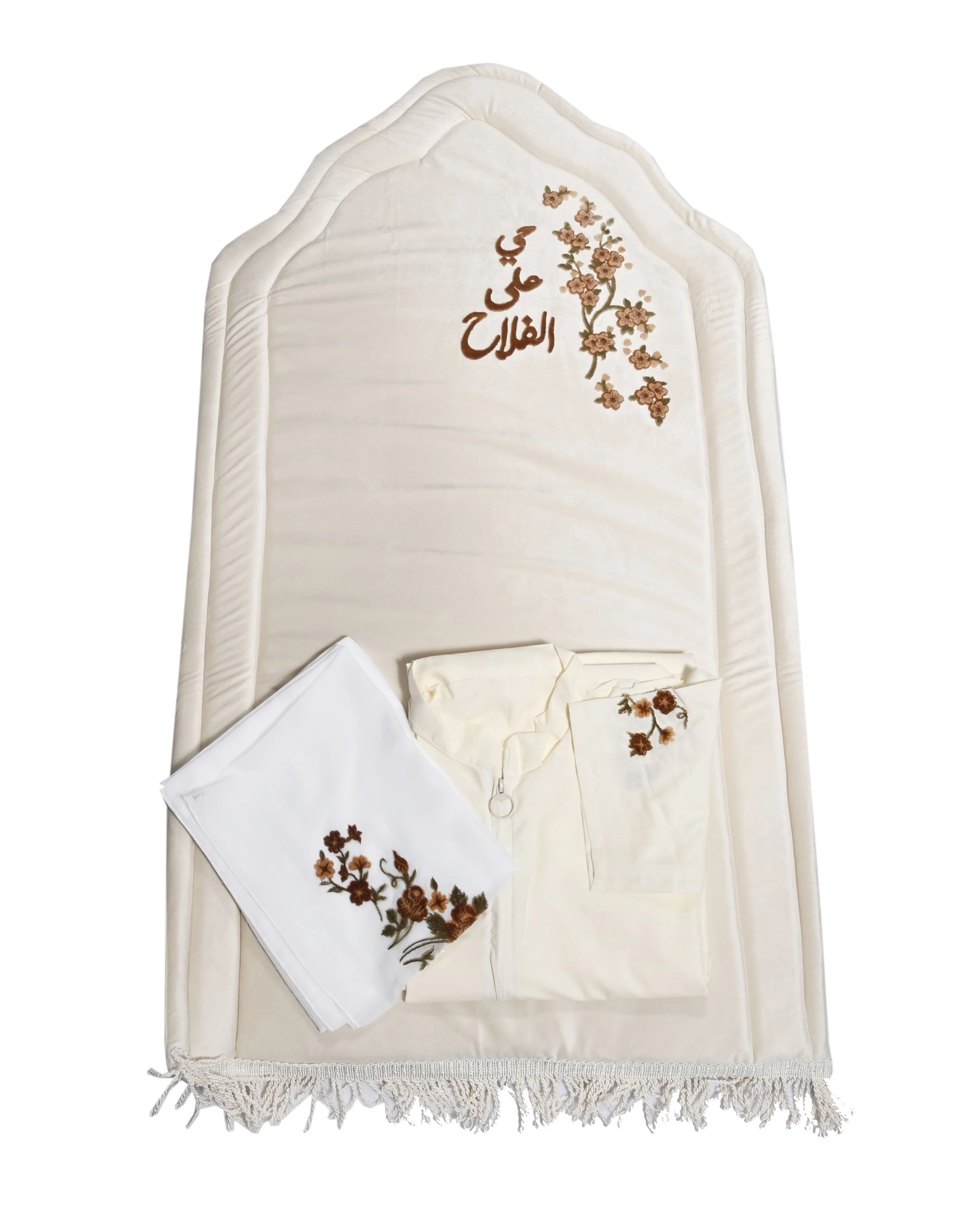 "حي على الفلاح" Padded Velvet Prayer Mat - Brown