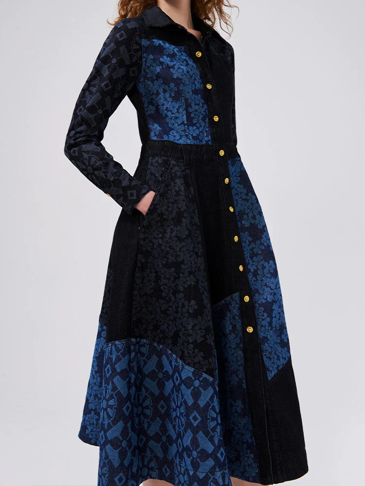 Patchwork Lattice Blossom Laser Print Denim Midi Dress - Image 3