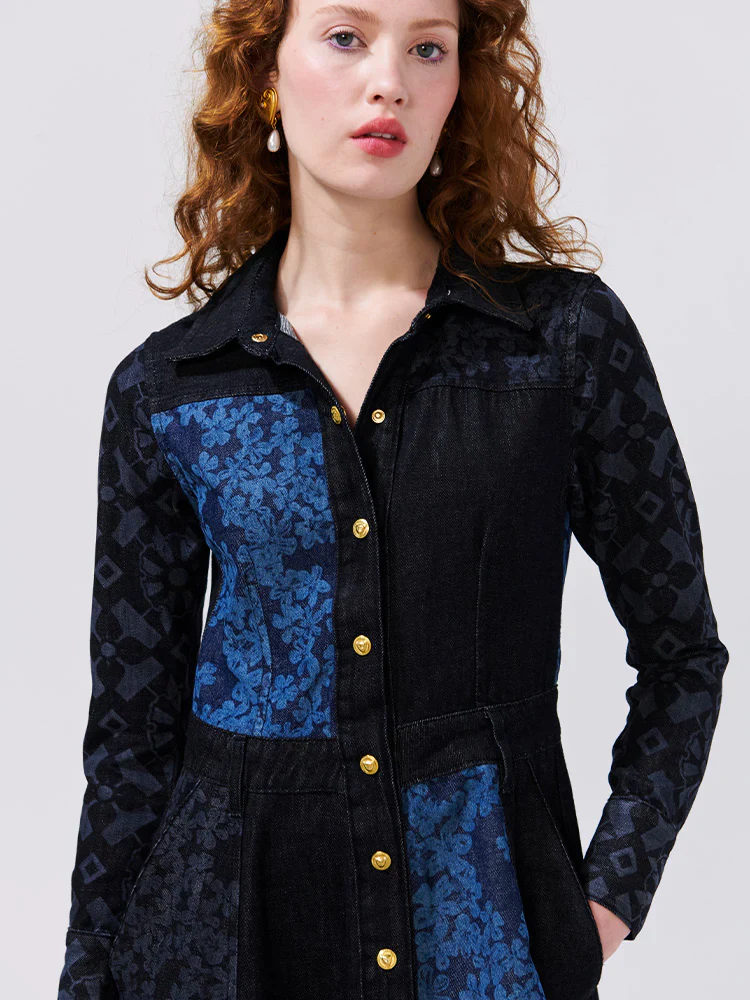 Patchwork Lattice Blossom Laser Print Denim Midi Dress - Image 4