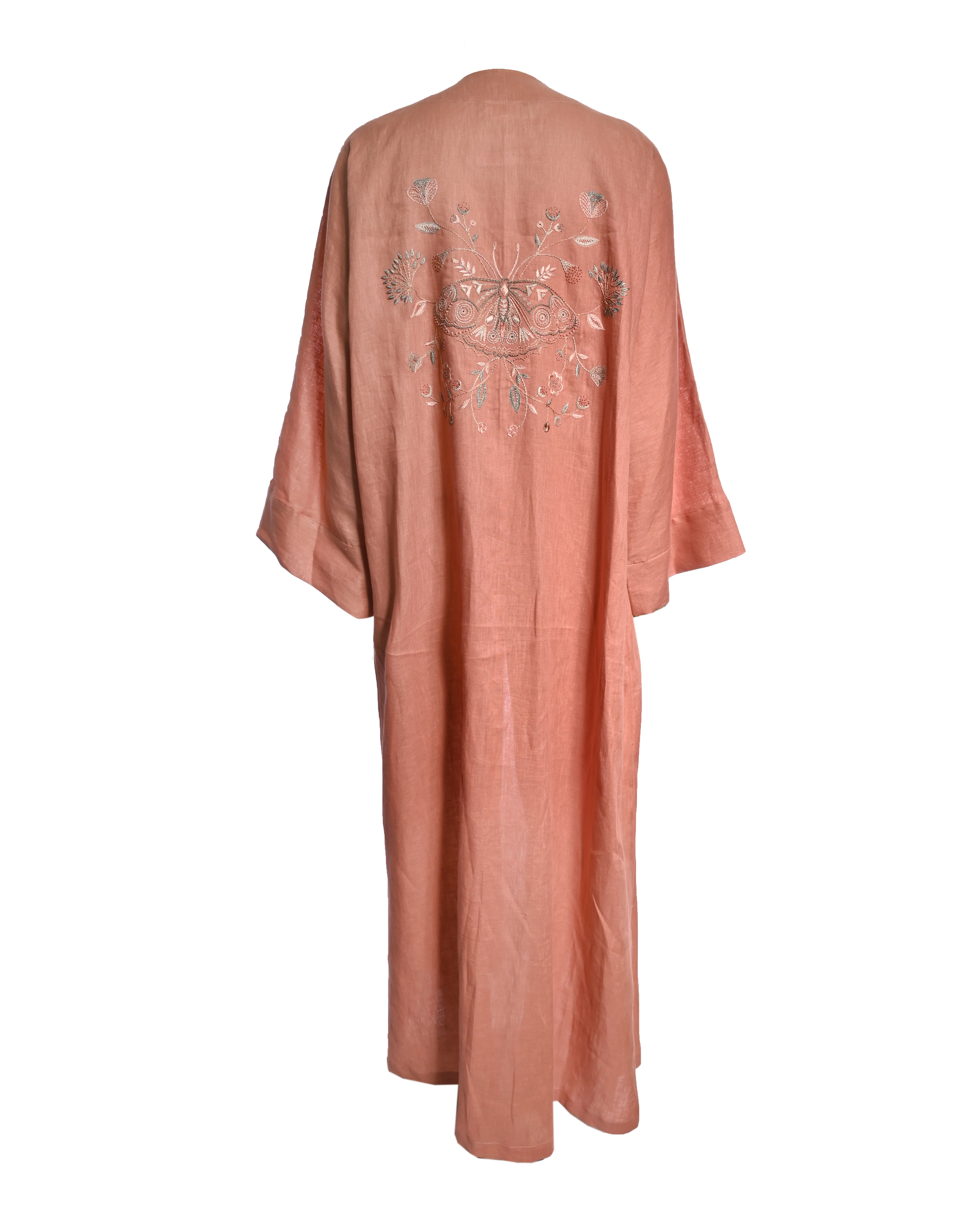 Peach Linen Embroidered Abaya - Image 2