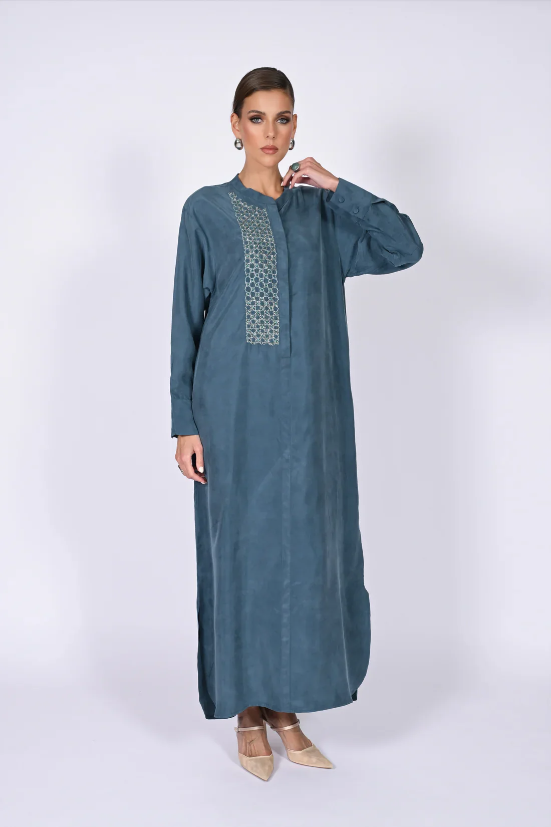 Petroleum Mao Washed Silk Kaftan - Image 2