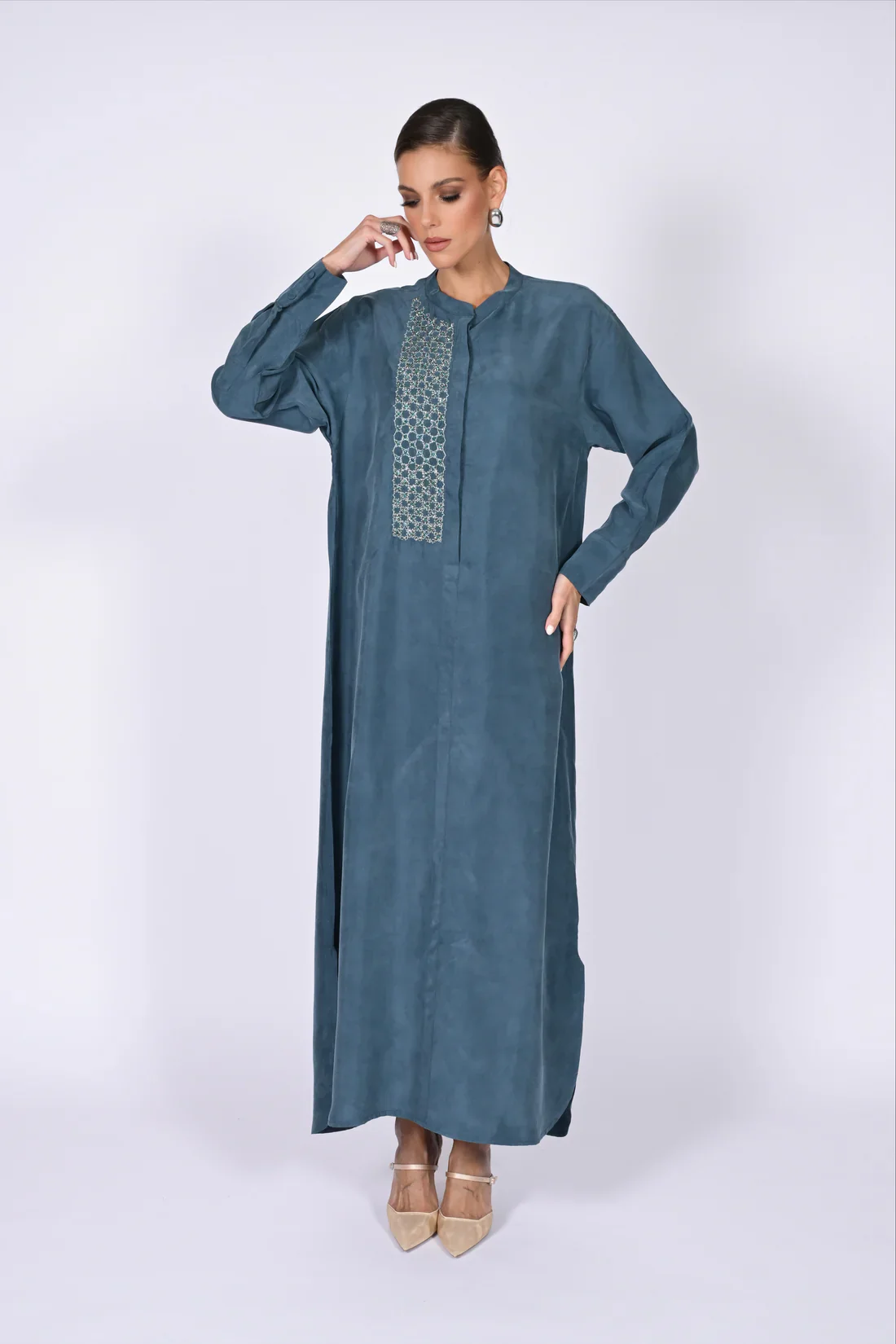 Petroleum Mao Washed Silk Kaftan - Image 3