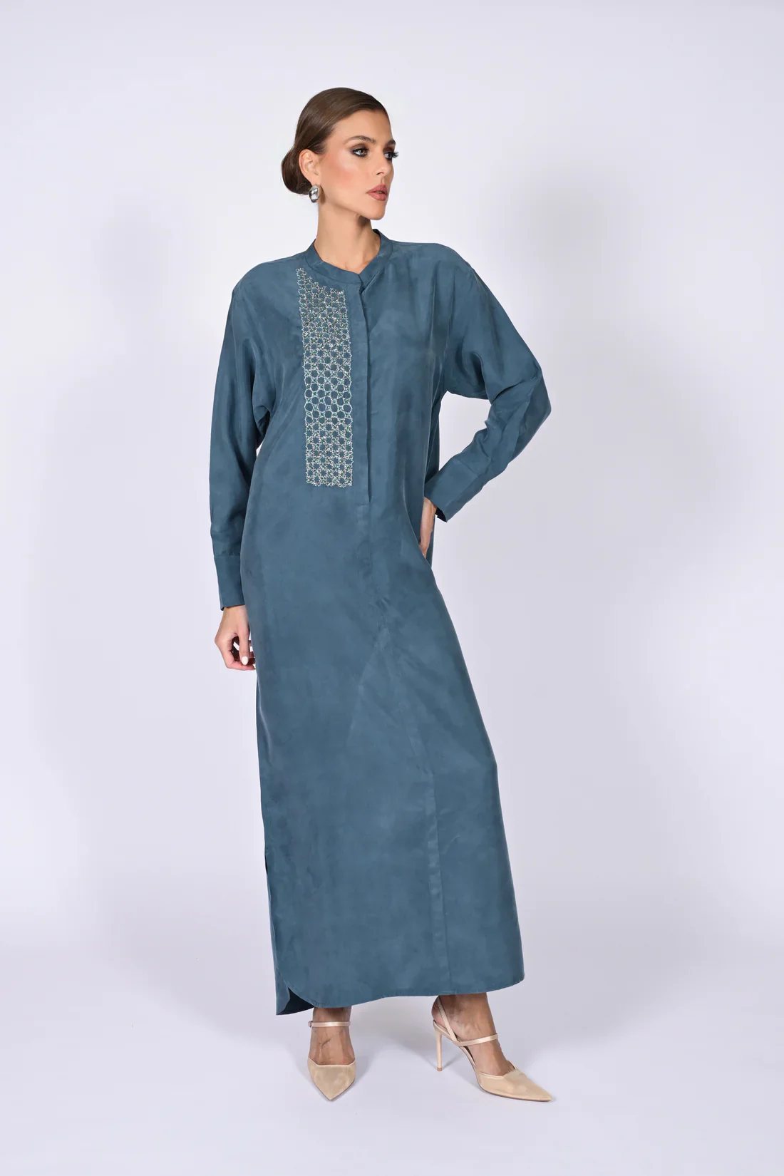 Petroleum Mao Washed Silk Kaftan - Image 7